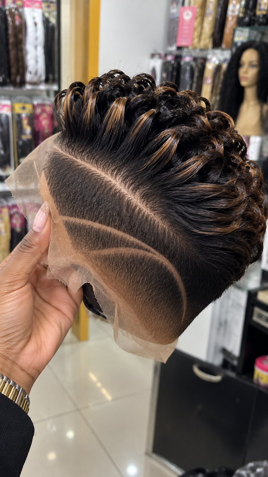 Inside This Black and Caramel Highlight Pixie Wig With Swept Loops #fah