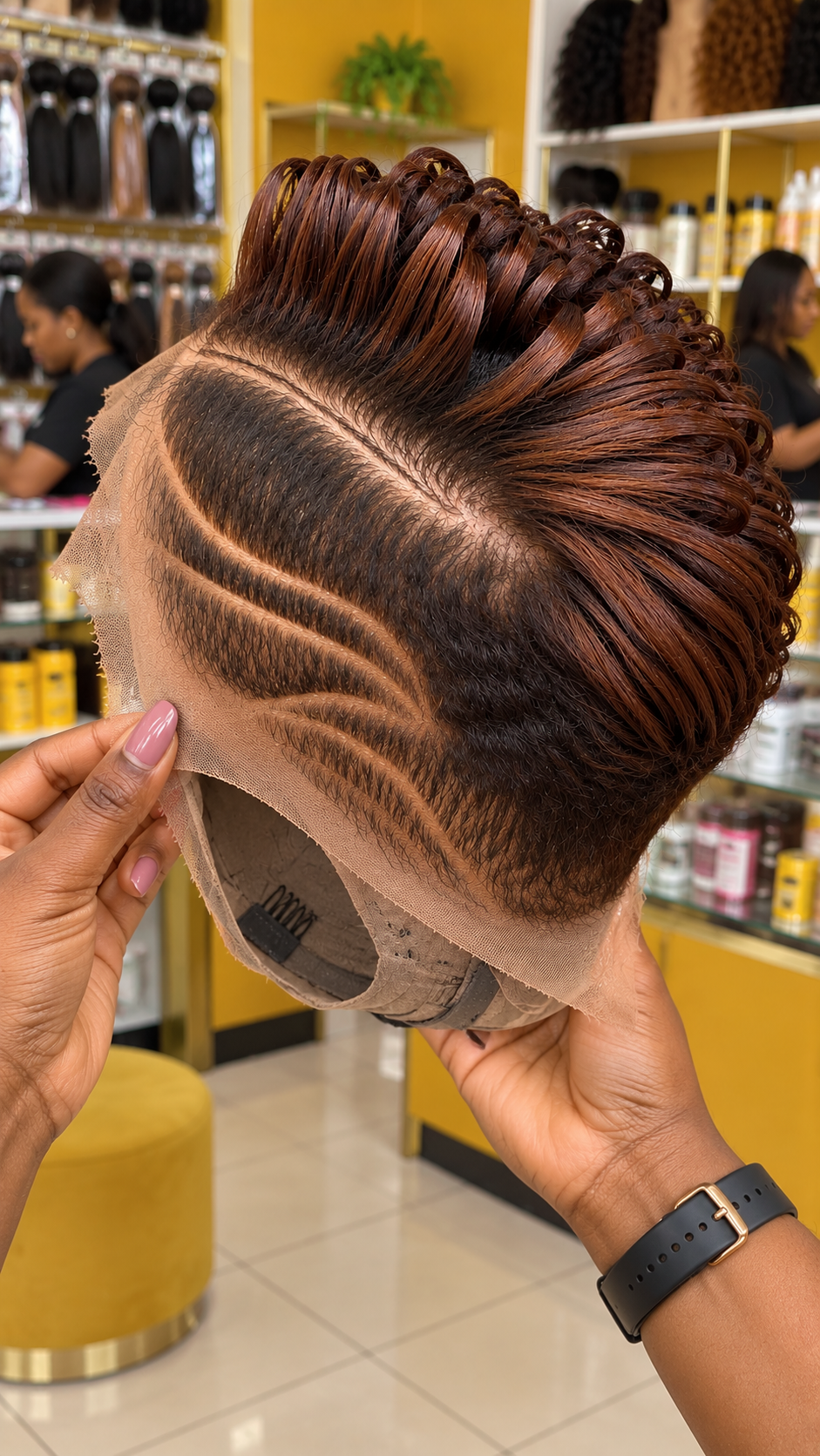 Copper Brown Sculpted Pixie Lace Wig With Swept Crown and Triple Curved Side Design #fah