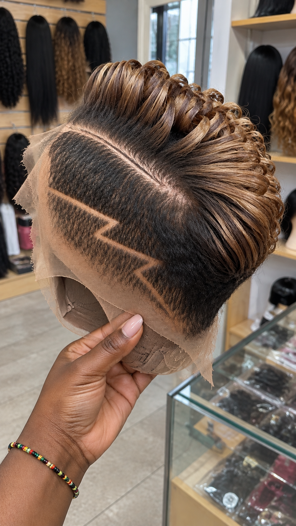 Caramel Honey Loop Curl Pixie Wig With Lightning Side Lines #bwih