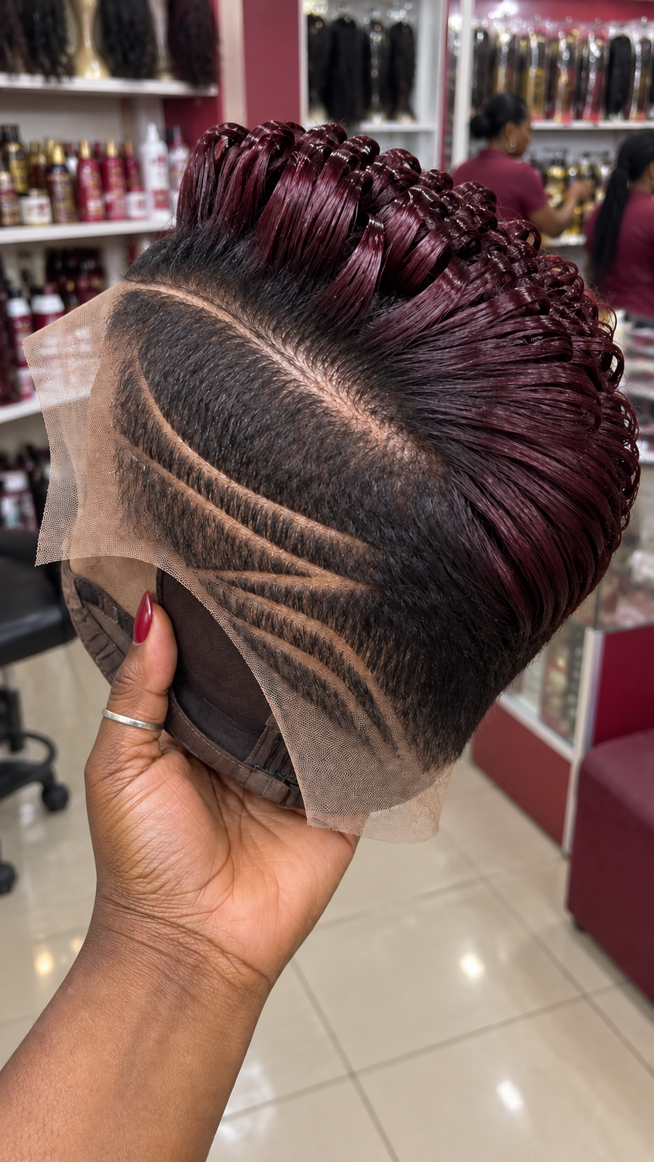 Burgundy Loop Curl Pixie Wig With Triple Side Lines #hwbh Burgundy Loop Curl Pixie Wig With Triple Side Lines #hwbh