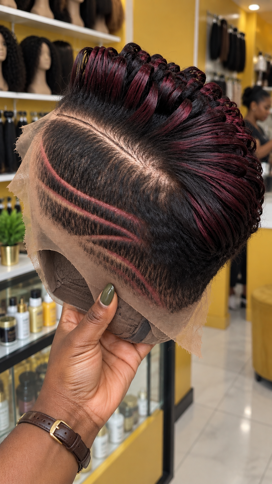 Burgundy Highlight Pixie Wig With Sculpted Crown Loops and Triple Side Lines #efth Burgundy Highlight Pixie Wig With Sculpted Crown Loops and Triple Side Lines #efth