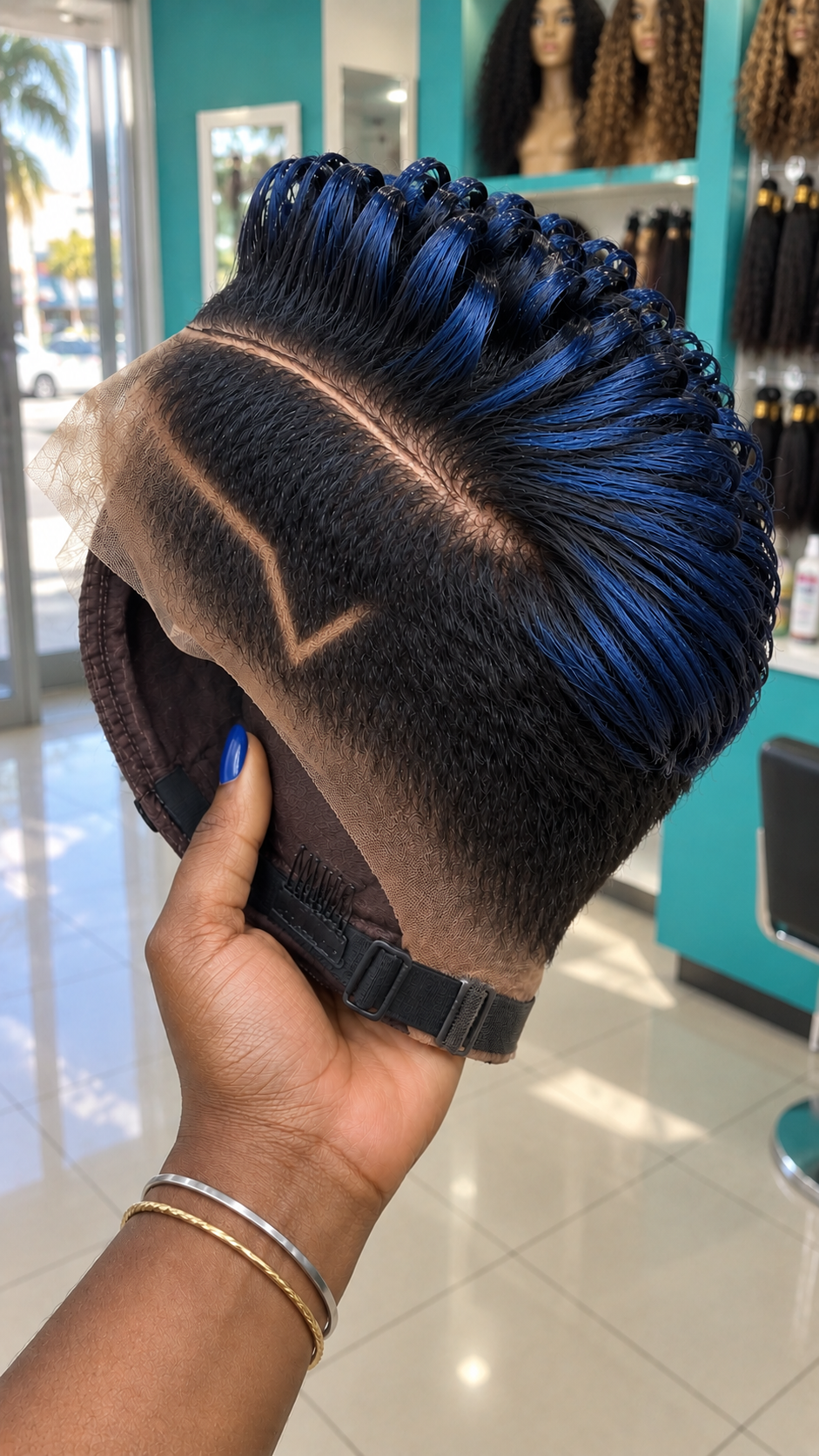 Sapphire Blue Pixie Wig With Black Roots And Angled Side Design #afth Sapphire Blue Pixie Wig With Black Roots And Angled Side Design #afth
