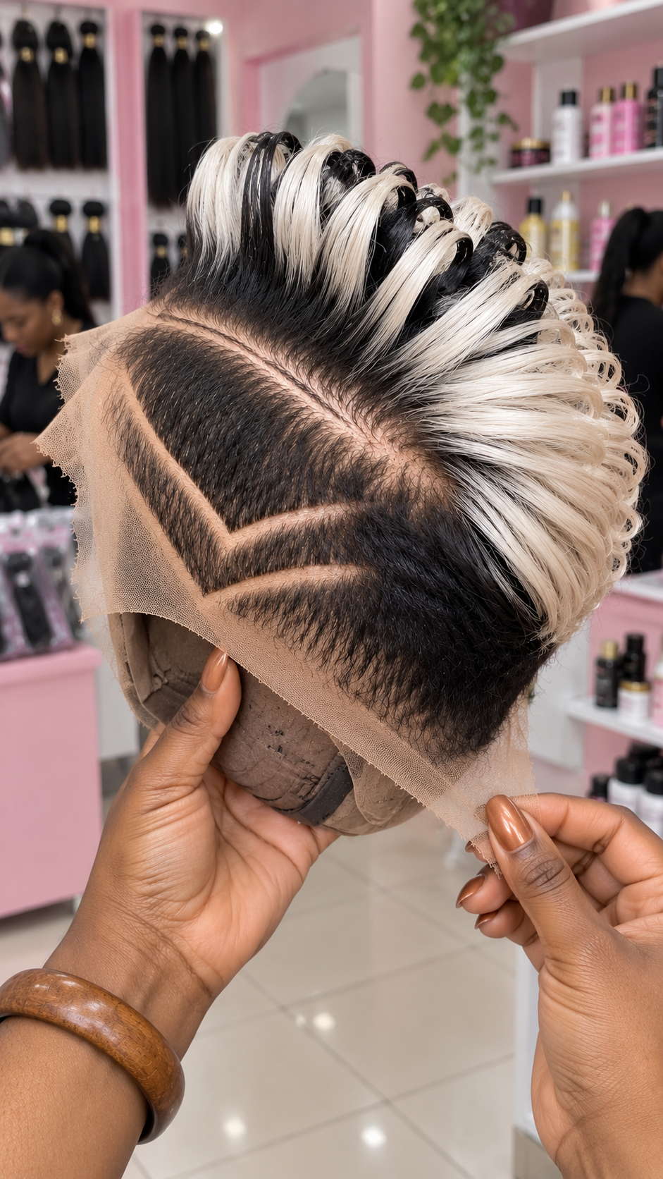 Black And Platinum Loop Curl Pixie Wig With Sculpted Side Lines #brh