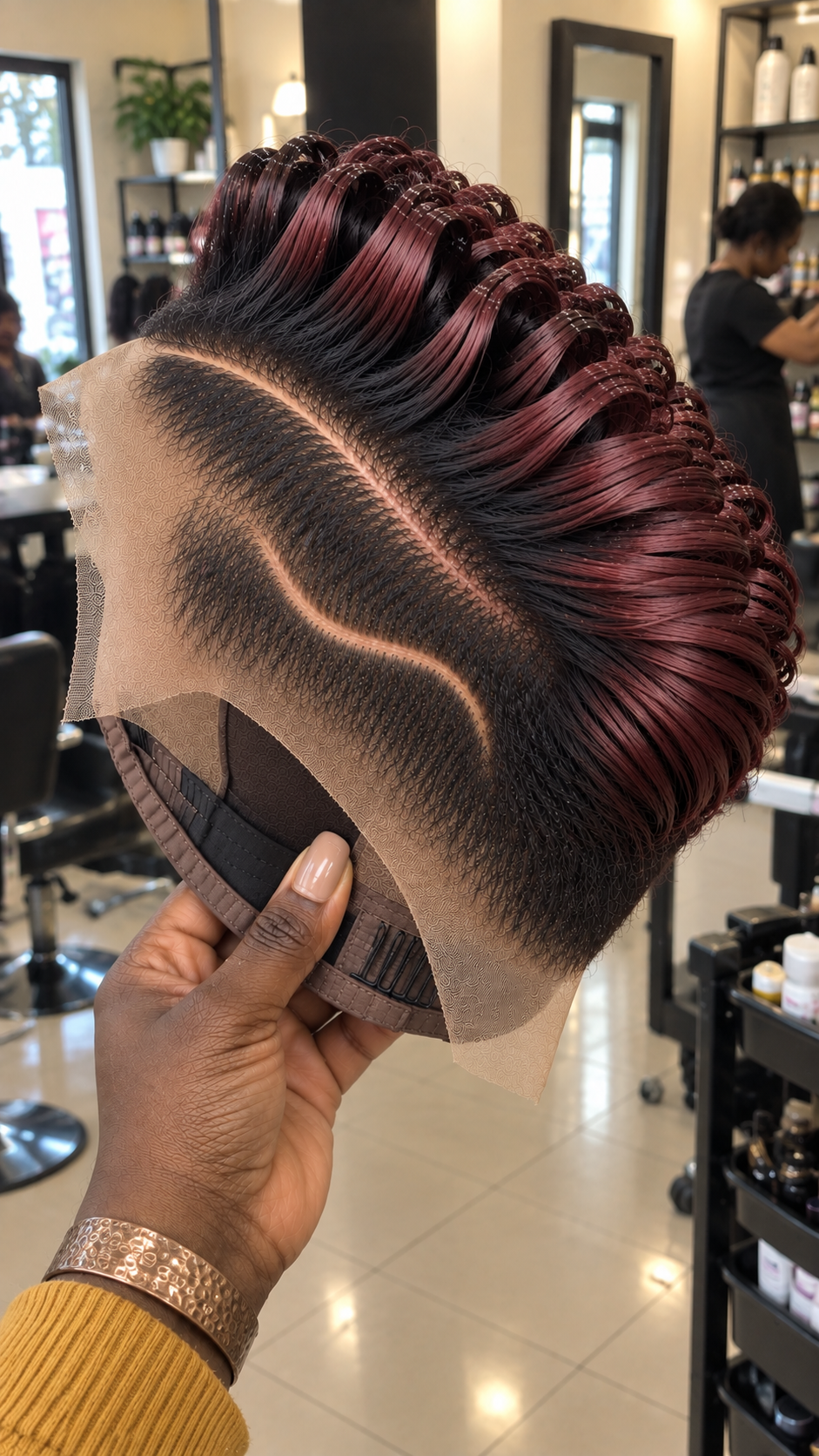 Burgundy Loop Pixie Wig With Natural Black Roots And Curved Side Line #ssh Burgundy Loop Pixie Wig With Natural Black Roots And Curved Side Line #ssh