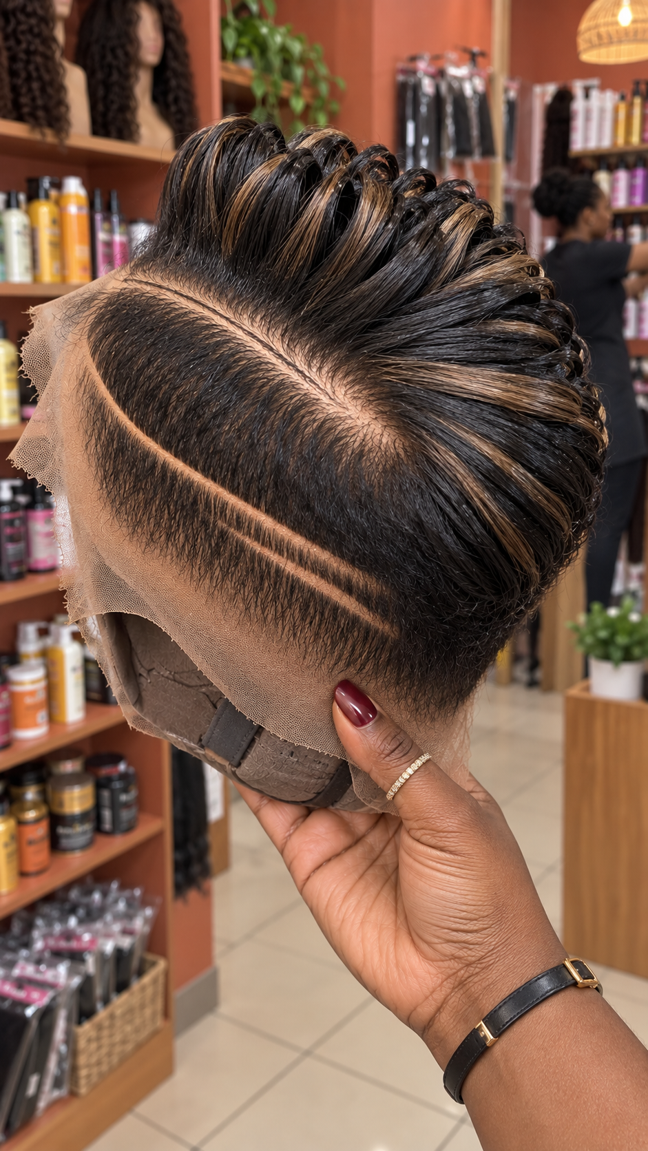 Black Pixie Wig With Golden Beige Ribbon Highlights and Swept Loop Crown #brh Black Pixie Wig With Golden Beige Ribbon Highlights and Swept Loop Crown #brh