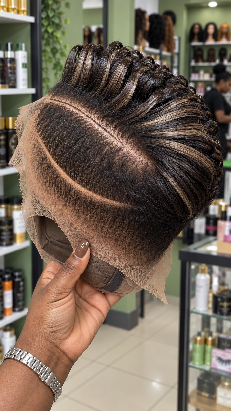 Dark Brown and Champagne Blonde Pixie Wig With Swept Ringlets and Curved Side Lines #hwbh Dark Brown and Champagne Blonde Pixie Wig With Swept Ringlets and Curved Side Lines #hwbh