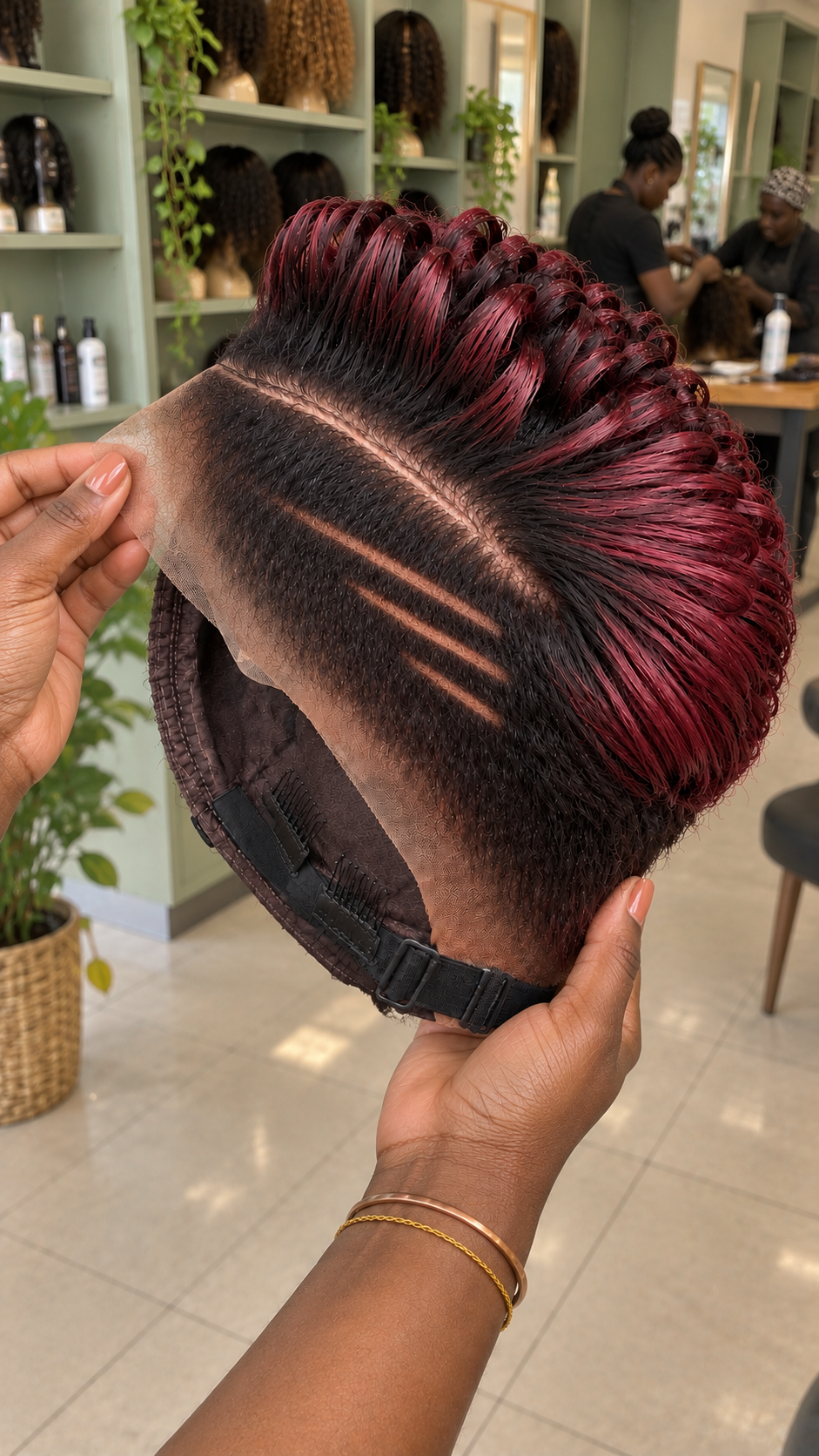 Burgundy Cherry Pixie Wig With Double Diagonal Side Lines #bwih
