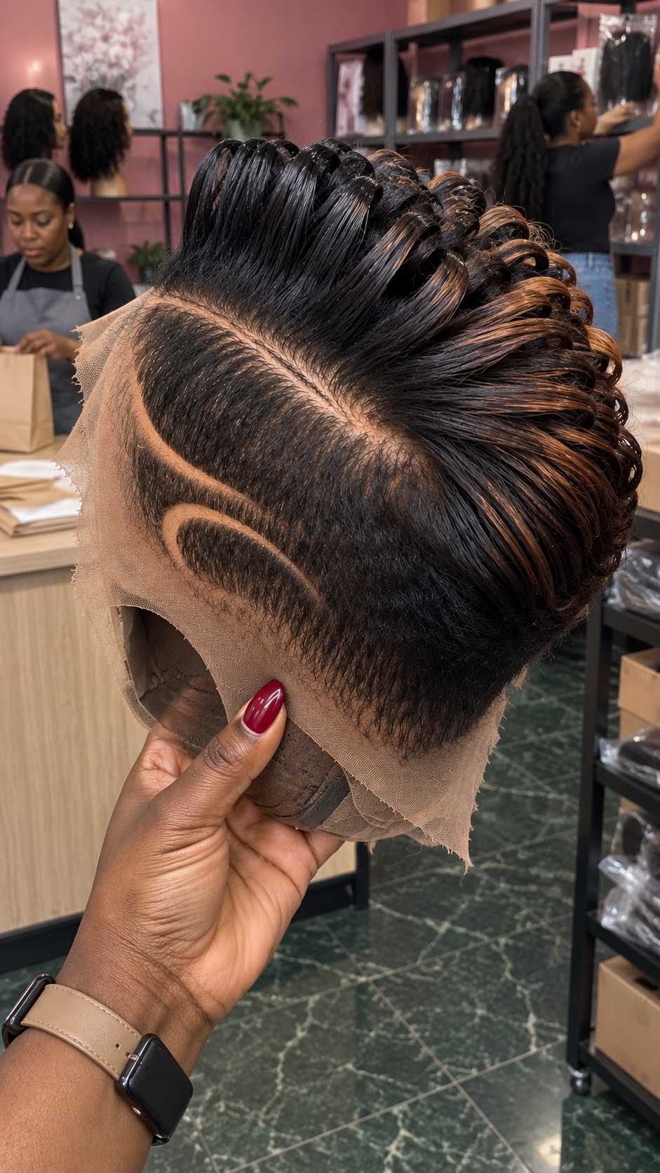 Jet Black Loop Curl Pixie Wig With Caramel Highlights And Curved Side Design #yfh Jet Black Loop Curl Pixie Wig With Caramel Highlights And Curved Side Design #yfh