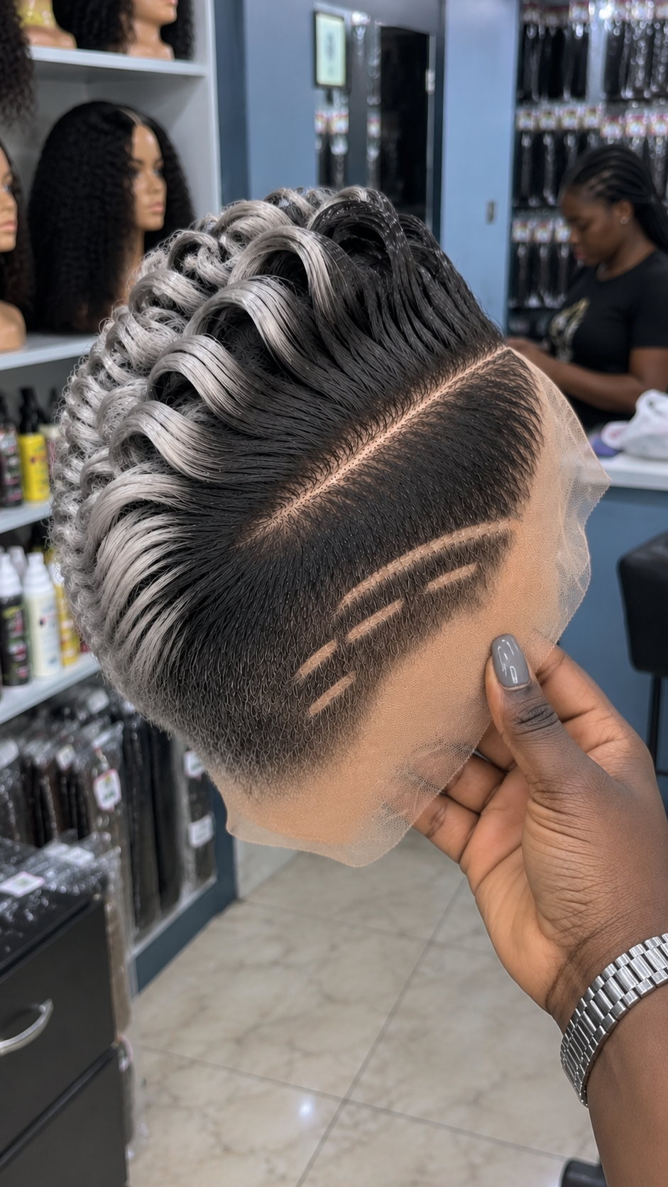 Smoky Silver Loop Crown Pixie Wig With Triple Side Lines #afth