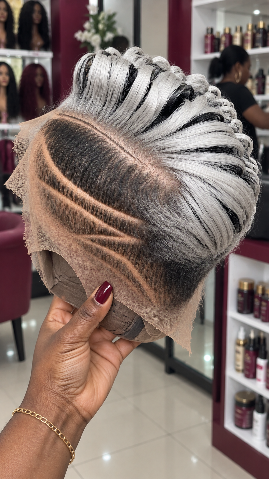 Pearl Silver Swept Pixie Wig With Black Roots and Triple Curved Side Lines #apdh Pearl Silver Swept Pixie Wig With Black Roots and Triple Curved Side Lines #apdh