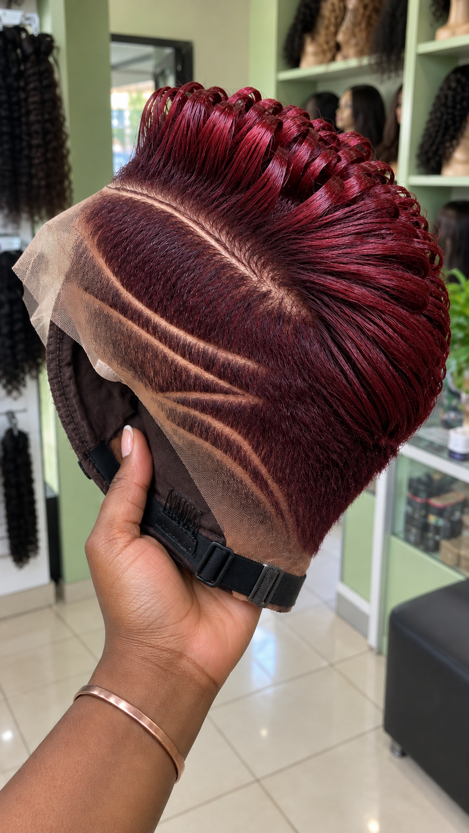 Burgundy Loop Curl Pixie Wig With Triple Side Lines #hwbh