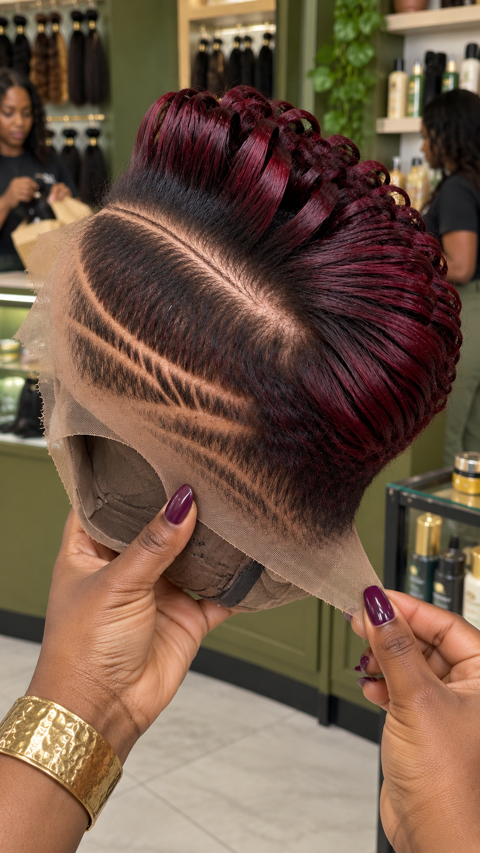 Burgundy Loop Pixie Wig With Black Roots And Split Side Line Detail #apdh Burgundy Loop Pixie Wig With Black Roots And Split Side Line Detail #apdh