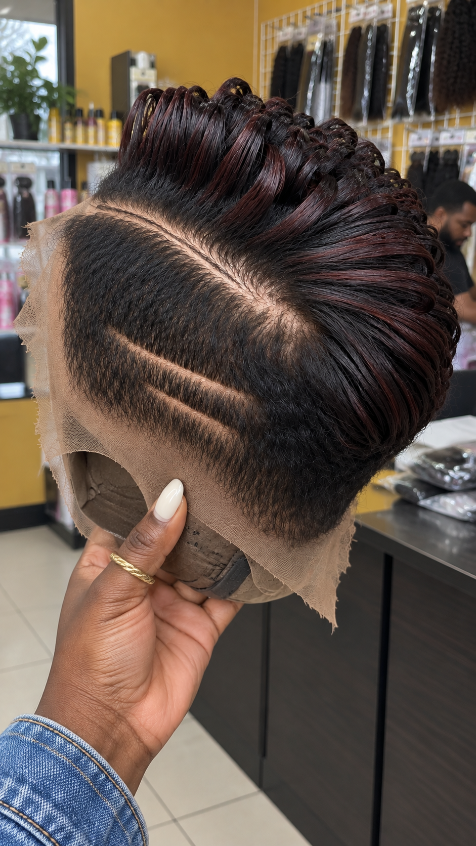 Burgundy Streaked Pixie Wig With Swept-Back Loops and Double Side Parting #eftr
