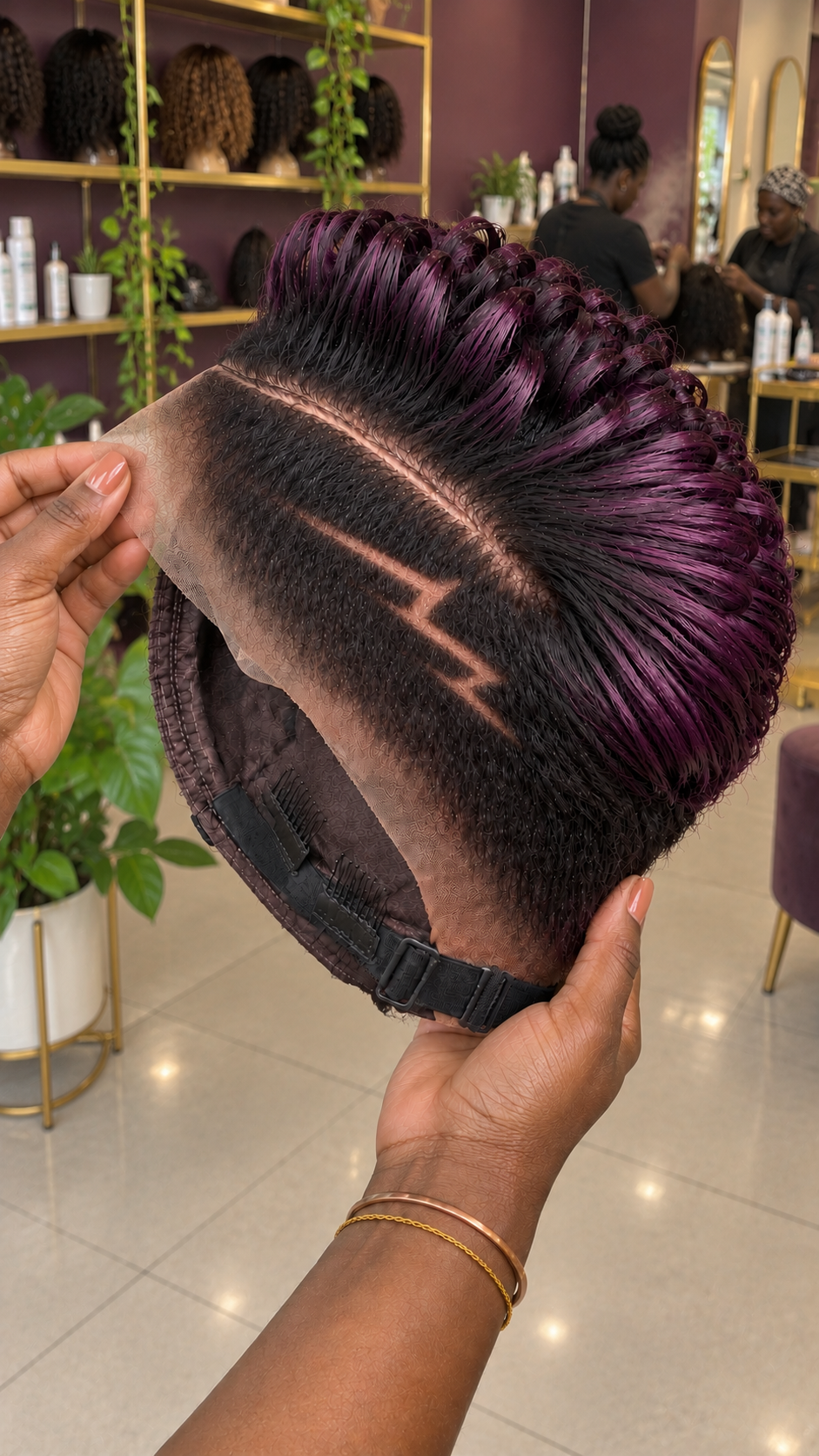 Black and Plum Violet Pixie Wig With Swept-Back Loops and a Diagonal Side Line #afth Black and Plum Violet Pixie Wig With Swept-Back Loops and a Diagonal Side Line #afth