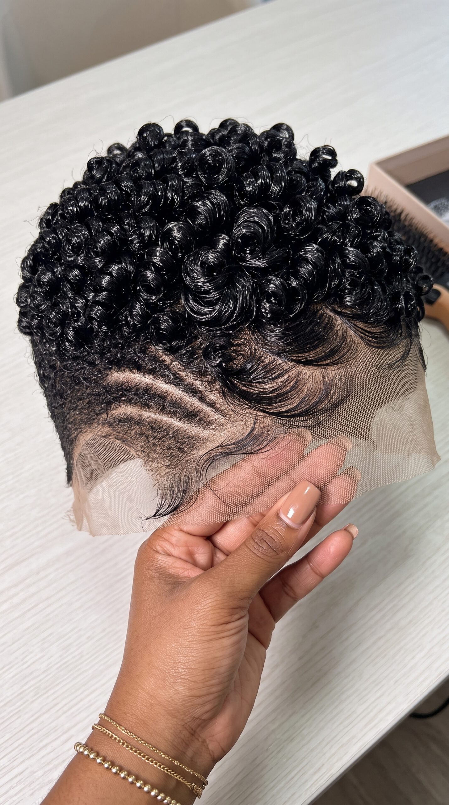 Jet Black Glossy Ring Curl Pixie Wig With Sculpted Waves and Triple Side Lines #eft
