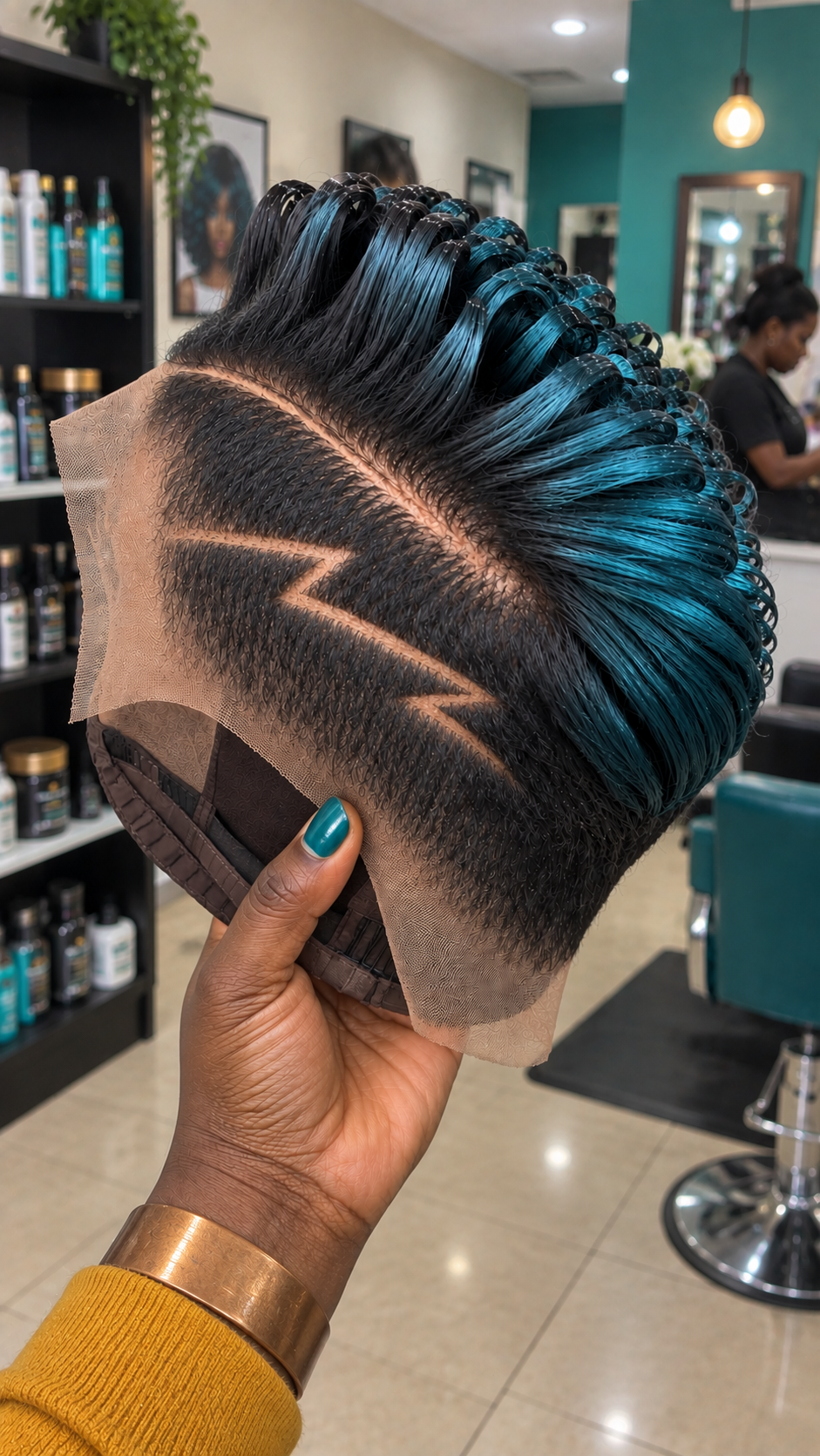Sapphire Blue Loop Curl Pixie Wig With Lightning Side-Line Detail #brh
