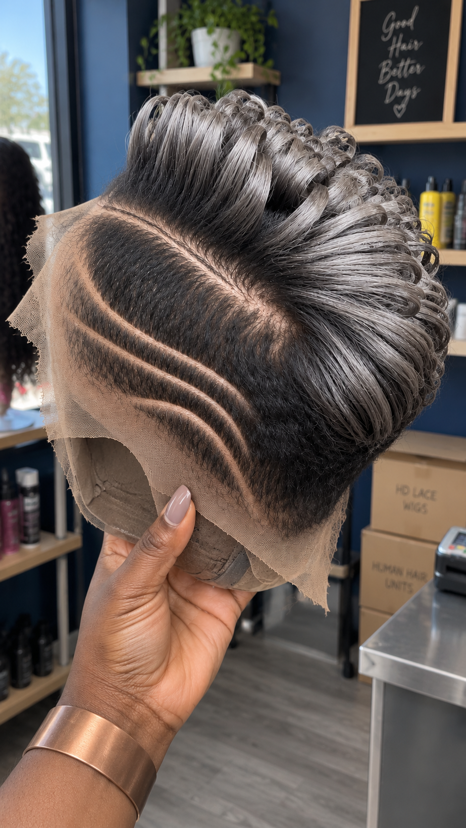 Smoky Silver Loop Curl Pixie Wig With Deep Side Part and Double Curve Lines #stayh Smoky Silver Loop Curl Pixie Wig With Deep Side Part and Double Curve Lines #stayh