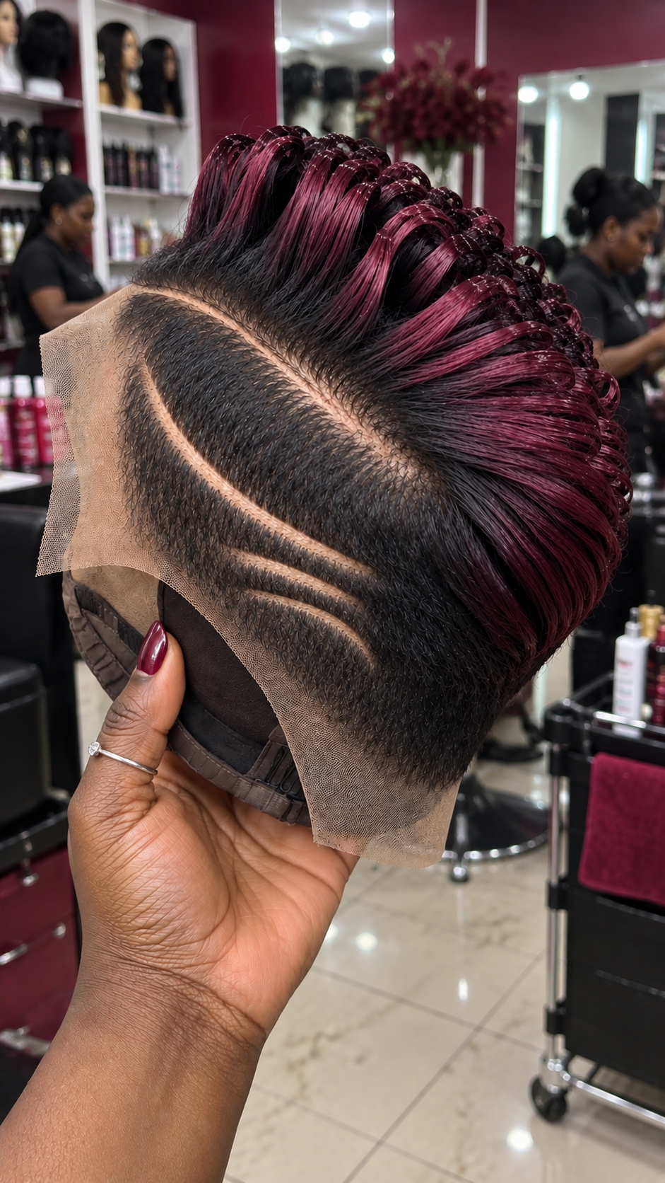Burgundy Loop Pixie Wig With Black Tapered Sides #afth