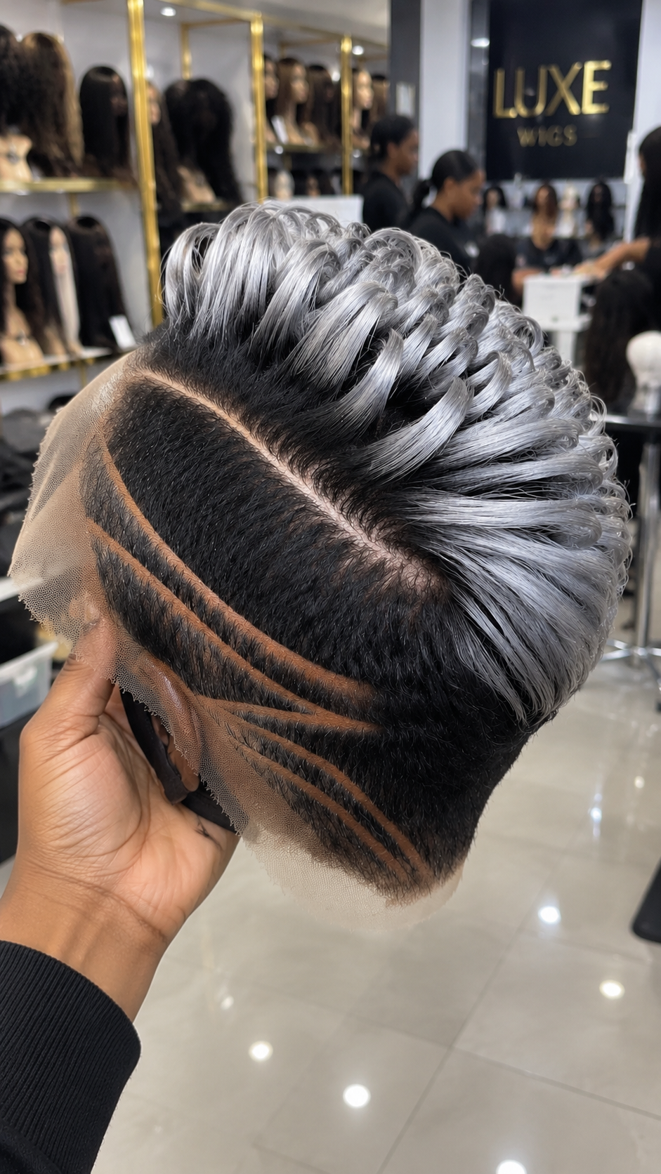 Silver Loop Curl Pixie Wig With Black Roots and Triple Side Lines #hwbh
