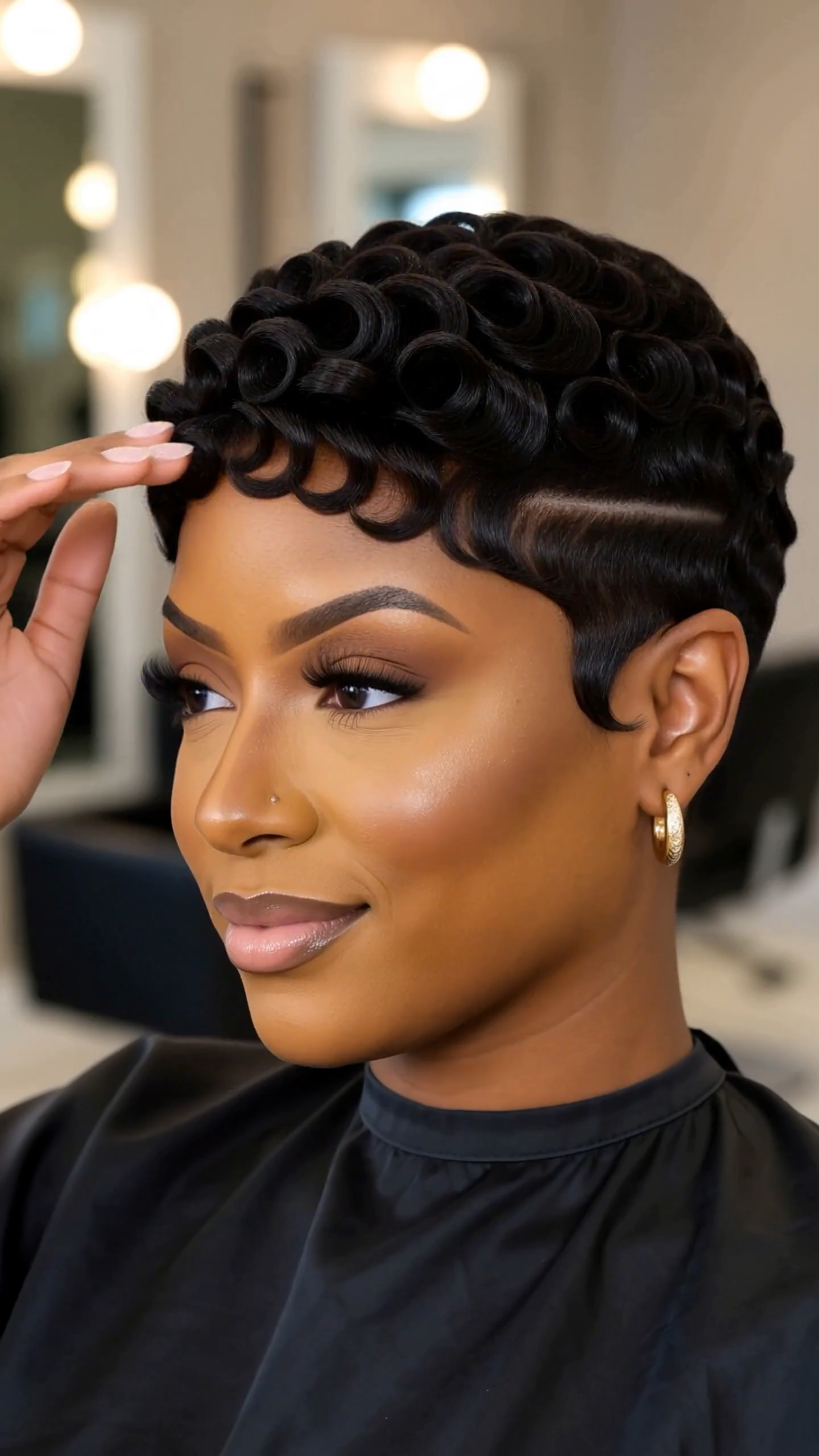 Glossy Black Barrel Curl Pixie With a Deep Side Part and Sculpted Hairline #ssr Glossy Black Barrel Curl Pixie With a Deep Side Part and Sculpted Hairline #ssr