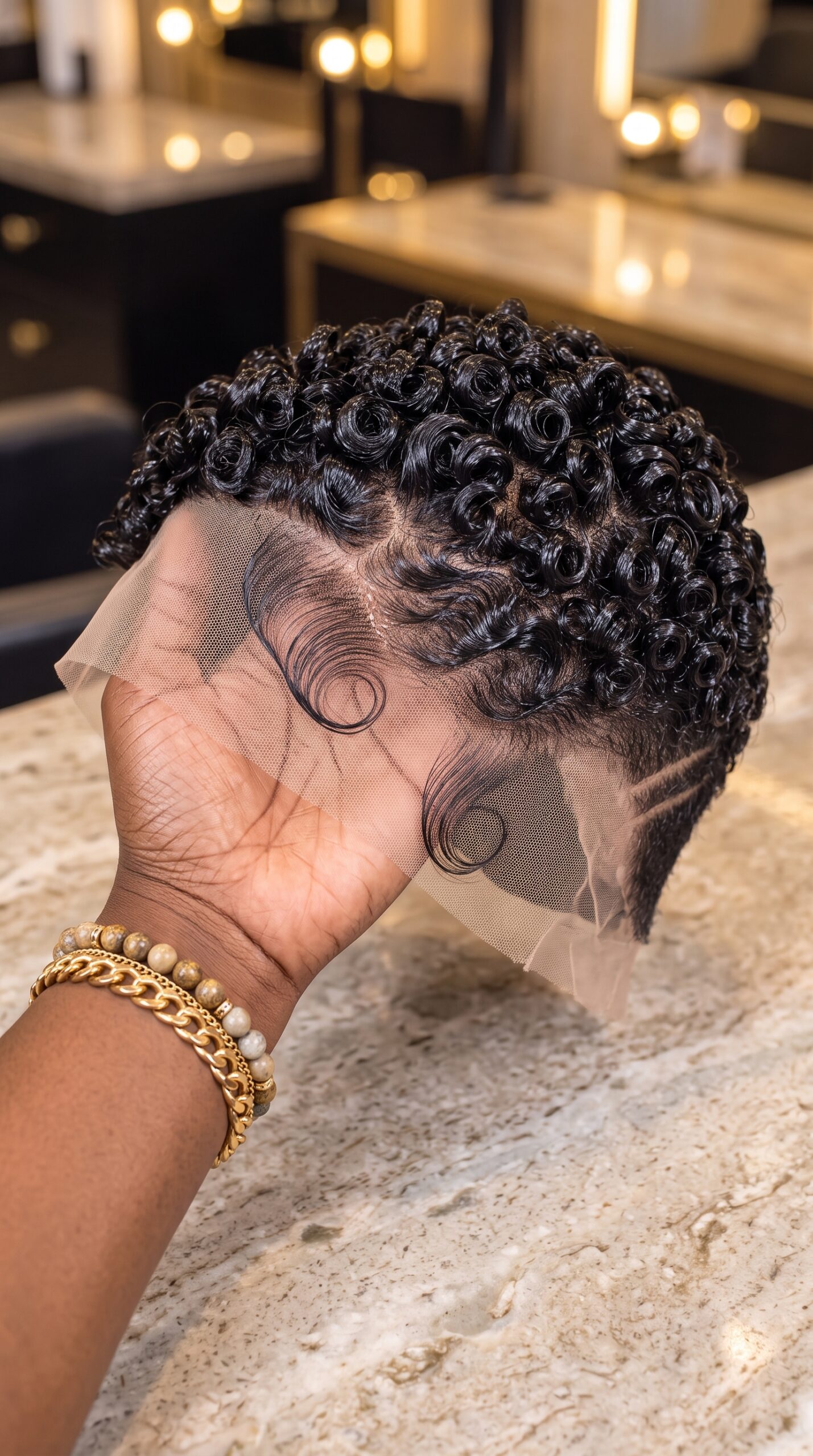 Glossy Black Corkscrew Pixie Wig With Wave Edges And Side Lines #WigBusiness