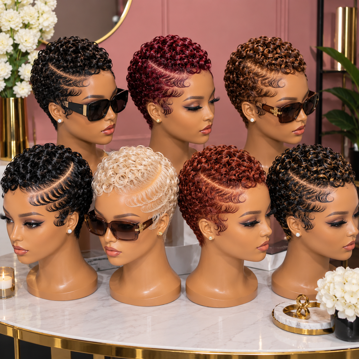 Wet-Look Ringlet Pixie Wigs With Deep Side Parts In Black, Burgundy, Copper And Blonde #stay Wet-Look Ringlet Pixie Wigs With Deep Side Parts In Black, Burgundy, Copper And Blonde #stay