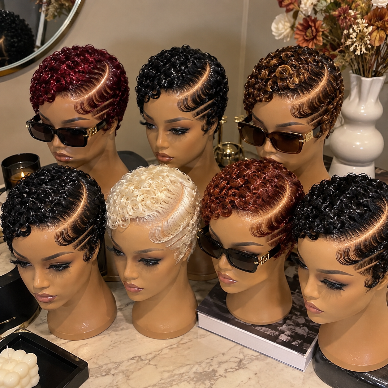 Burgundy, Jet Black and Caramel Finger Curl Pixie Wigs With Curved Side Part #stay