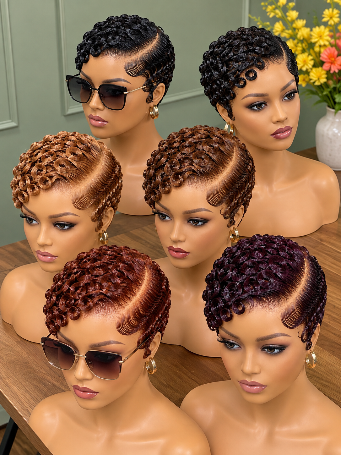 Glossy Spiral Pixie Wigs With Swept Side Part Styling #fl