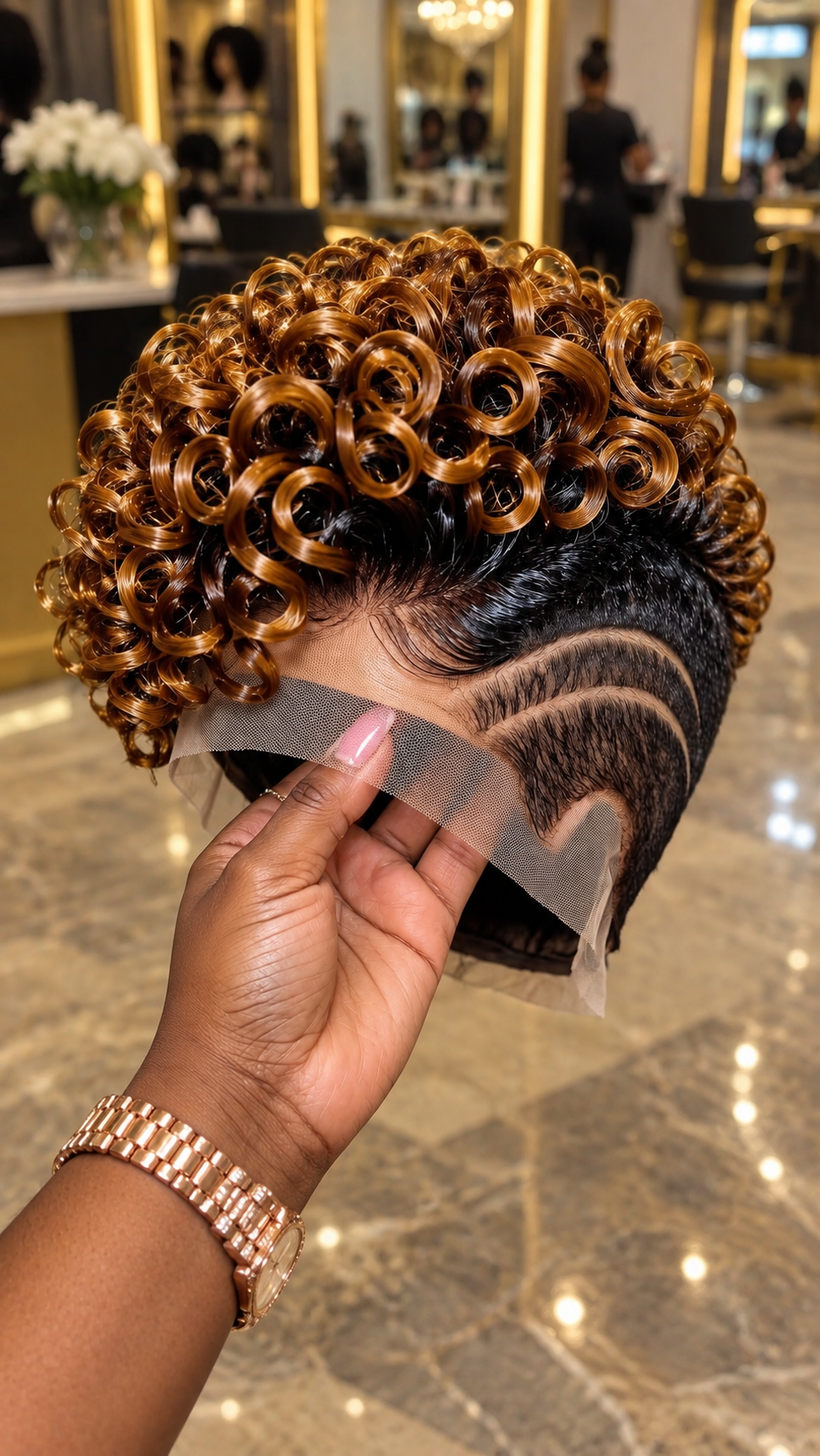 Golden Caramel Ringlet Pixie Wig With Double Curved Side Lines #apd Golden Caramel Ringlet Pixie Wig With Double Curved Side Lines #apd
