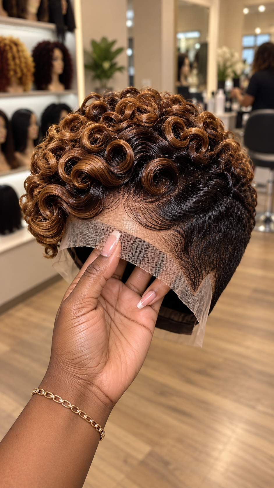 Golden Caramel Ringlet Pixie Wig With Deep Brown Tapered Sides #eft