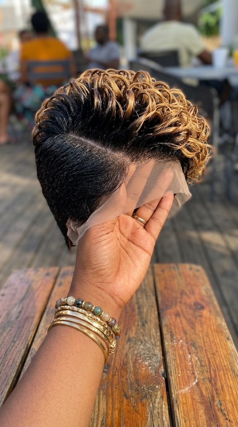 Golden Honey Curly Pixie Wig With a Sleek Black Side: Where to Buy and How to Order #best Golden Honey Curly Pixie Wig With a Sleek Black Side: Where to Buy and How to Order #best