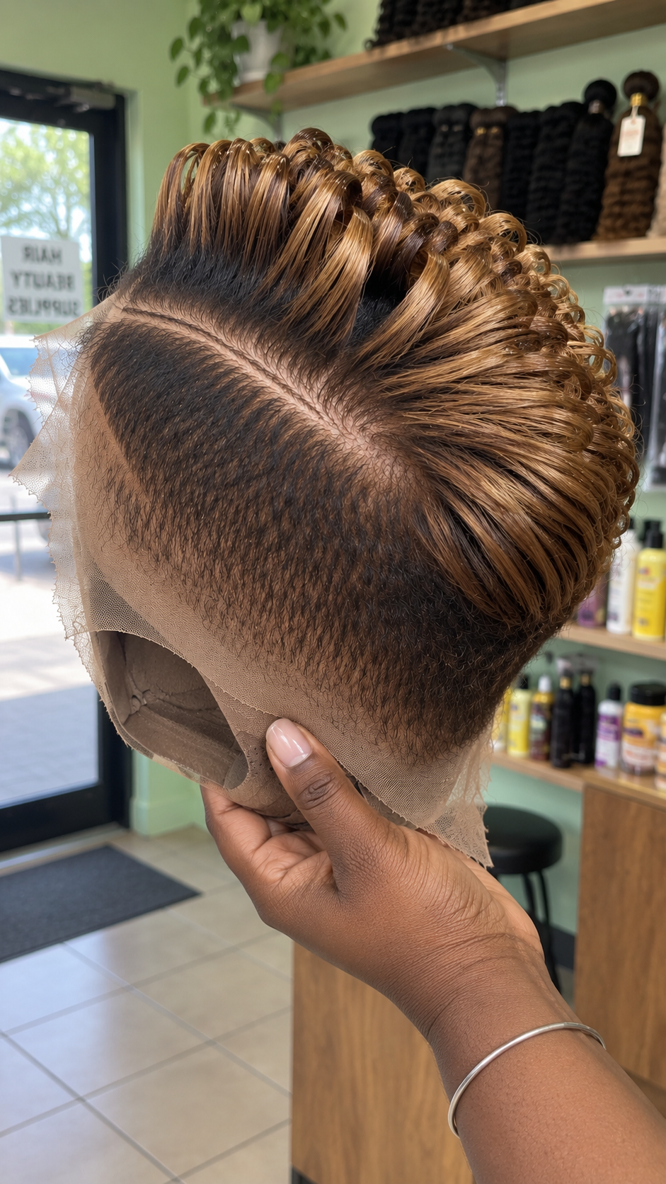 Honey Brown Loop Curl Pixie Wig With Dark Tapered Sides #brh