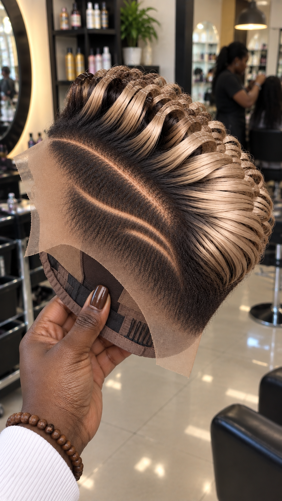 Champagne Blonde Loop Pixie Wig With Dark Roots And Double Curved Side Lines #afth Champagne Blonde Loop Pixie Wig With Dark Roots And Double Curved Side Lines #afth