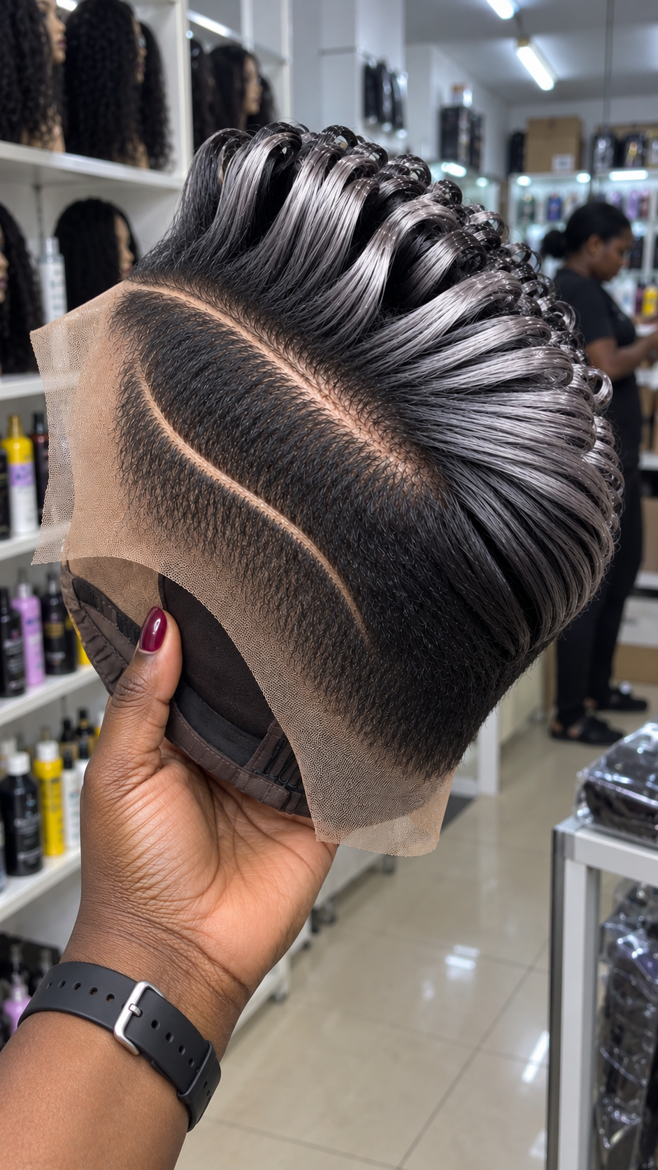 Smoky Silver Loop Pixie Wig With Deep Black Tapered Side #ssh Smoky Silver Loop Pixie Wig With Deep Black Tapered Side #ssh