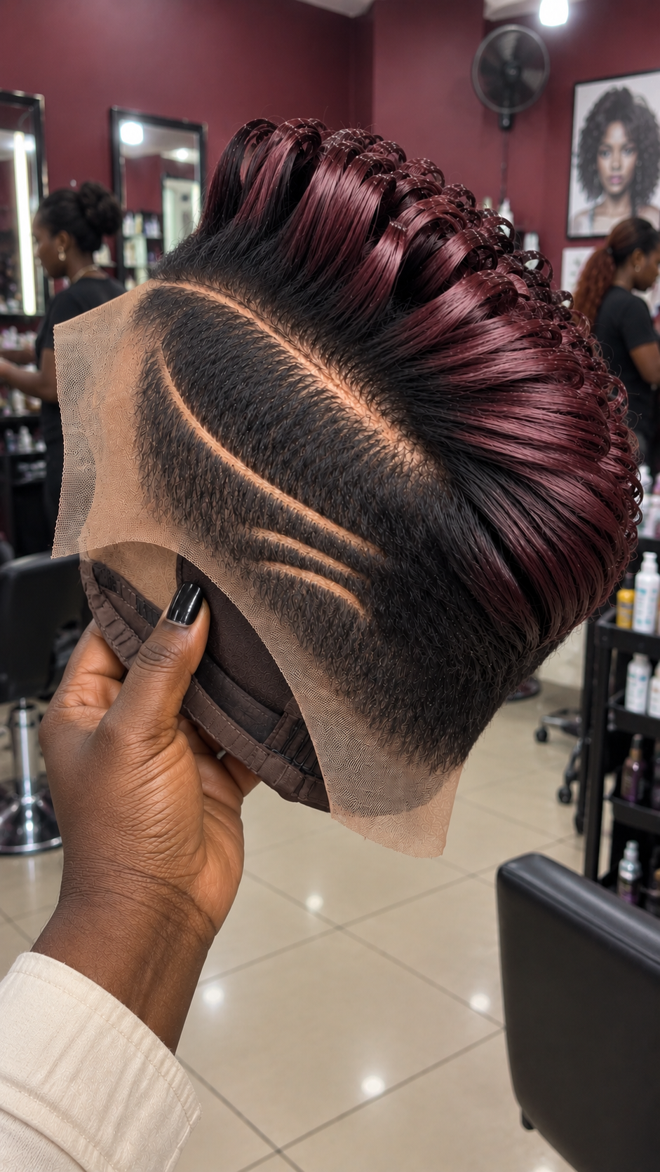 Burgundy Wine Loop Pixie Wig With Double Curved Side Lines #efth