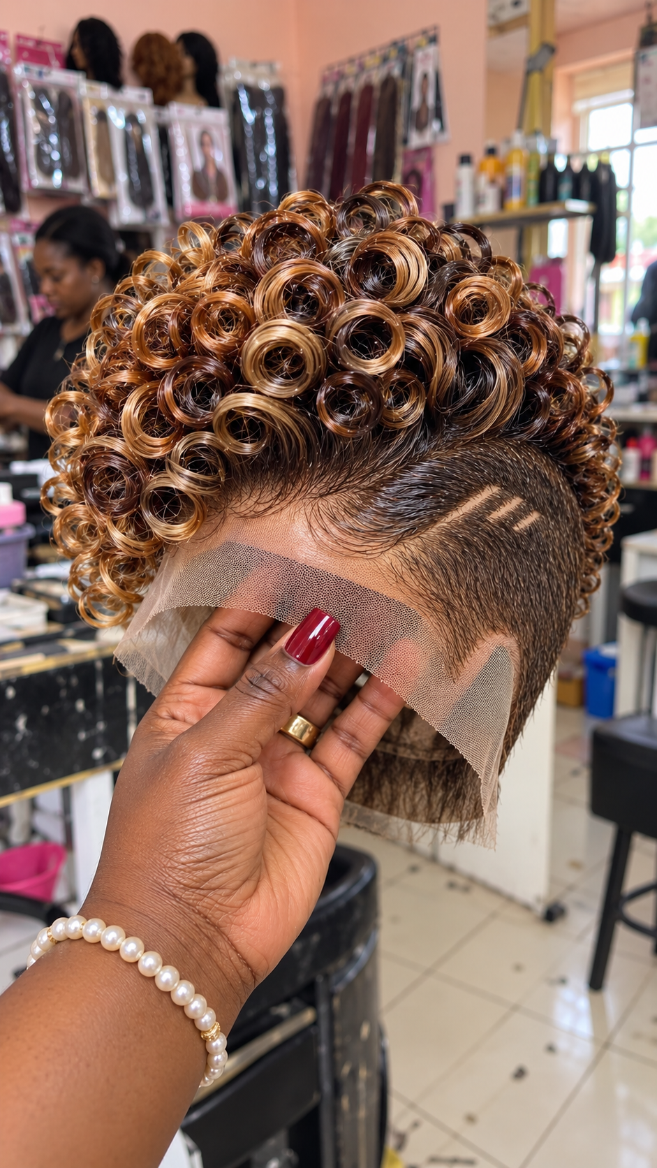 Caramel Brown Ringlet Pixie Wig With Graphic Side Lines #aft Caramel Brown Ringlet Pixie Wig With Graphic Side Lines #aft