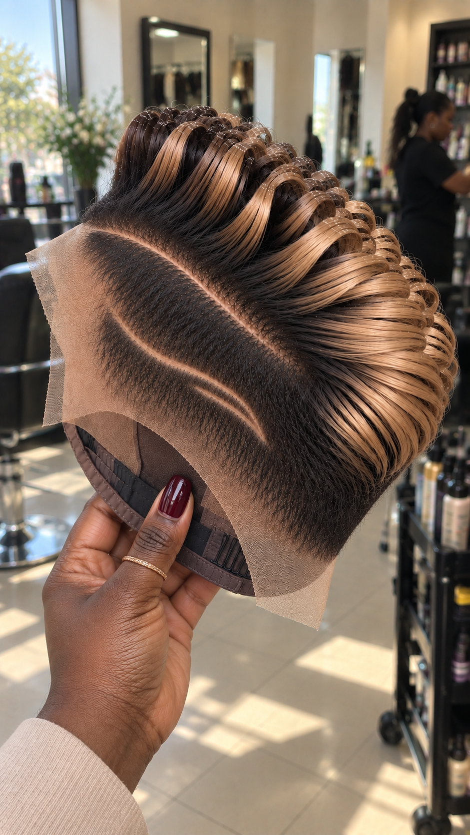 Caramel Blonde Spiral Pixie Wig With Espresso Brown Roots and Double Side Lines #stayh Caramel Blonde Spiral Pixie Wig With Espresso Brown Roots and Double Side Lines #stayh