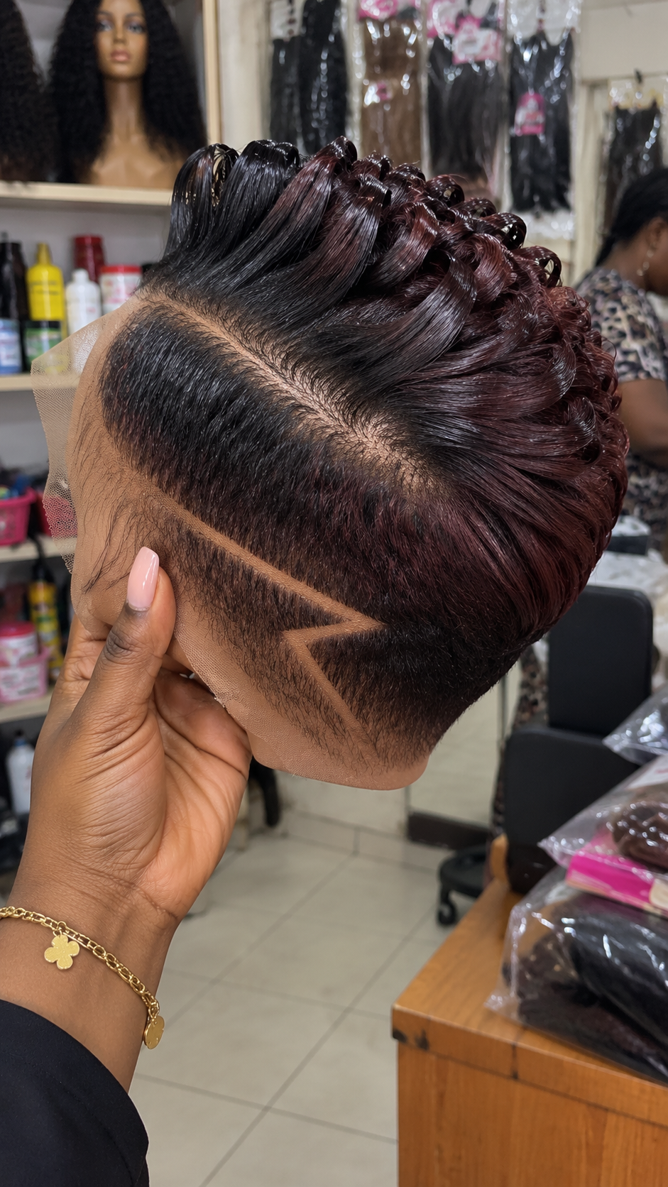 Burgundy Sculpted Loop Pixie Wig With Black Roots and Angular Side Line #bwih Burgundy Sculpted Loop Pixie Wig With Black Roots and Angular Side Line #bwih