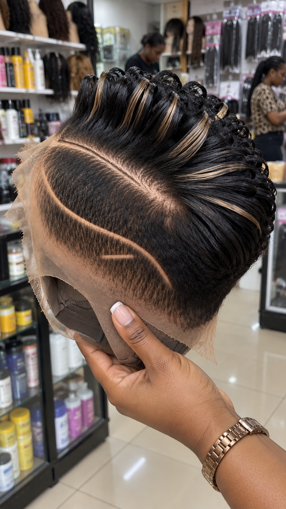 Black Pixie Wig With Champagne Blonde Loop Highlights and Curved Side Design #hwbh Black Pixie Wig With Champagne Blonde Loop Highlights and Curved Side Design #hwbh