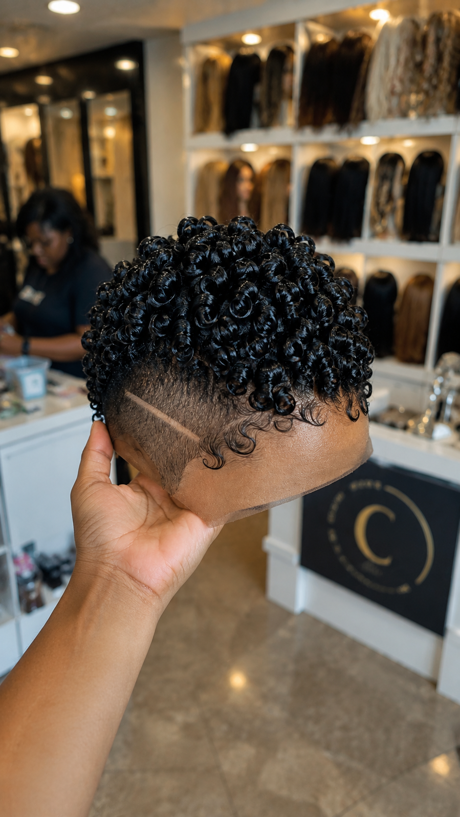 An Angled Razor Track Across The Temple Undercut Dictates The Balance Of A Jet Black Ringlet Pixie Wig #apdh An Angled Razor Track Across The Temple Undercut Dictates The Balance Of A Jet Black Ringlet Pixie Wig #apdh