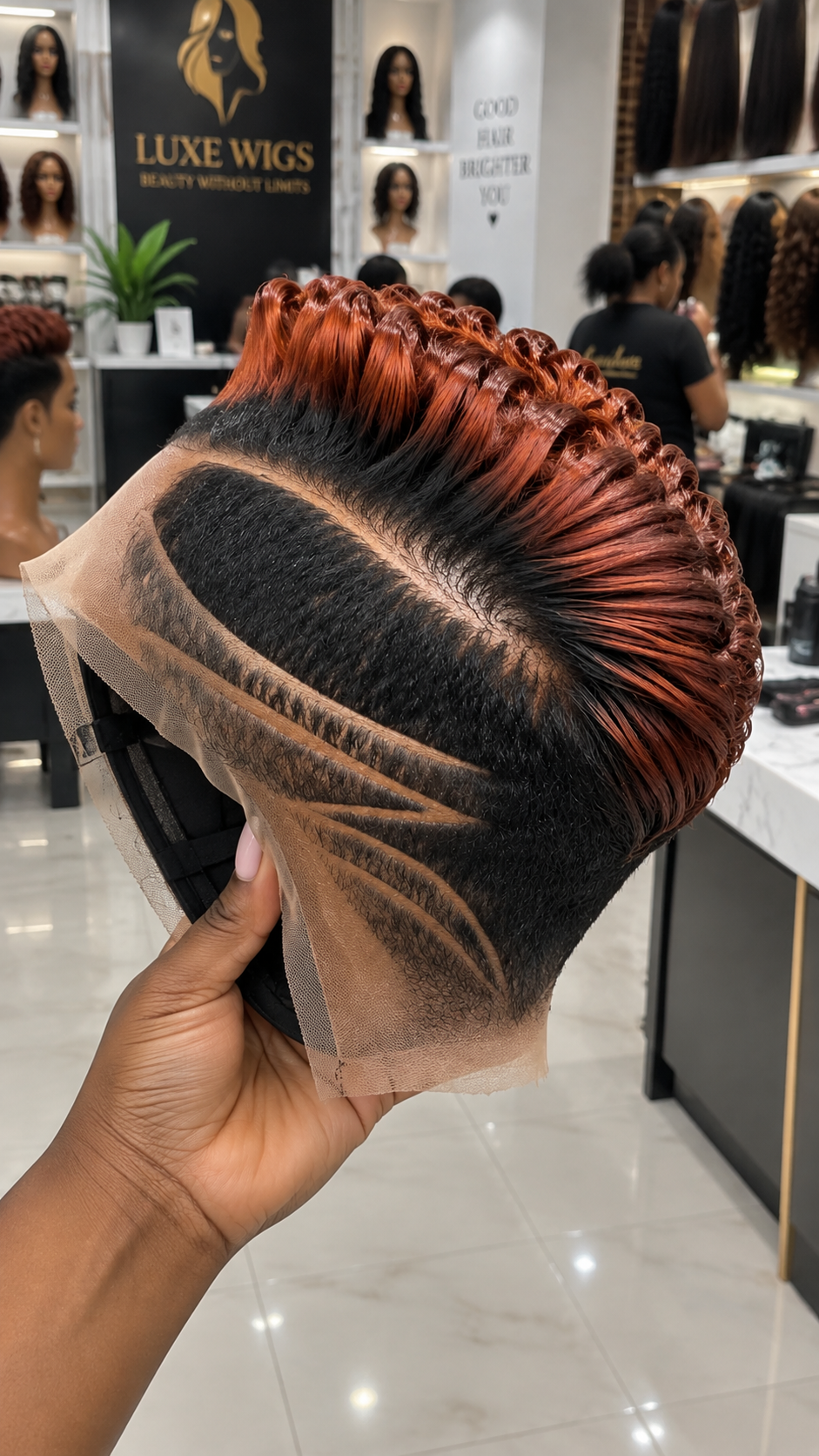 Copper Red Sculpted Pixie Lace Wig With Dark Roots And Curved Side Detail #bwih Copper Red Sculpted Pixie Lace Wig With Dark Roots And Curved Side Detail #bwih
