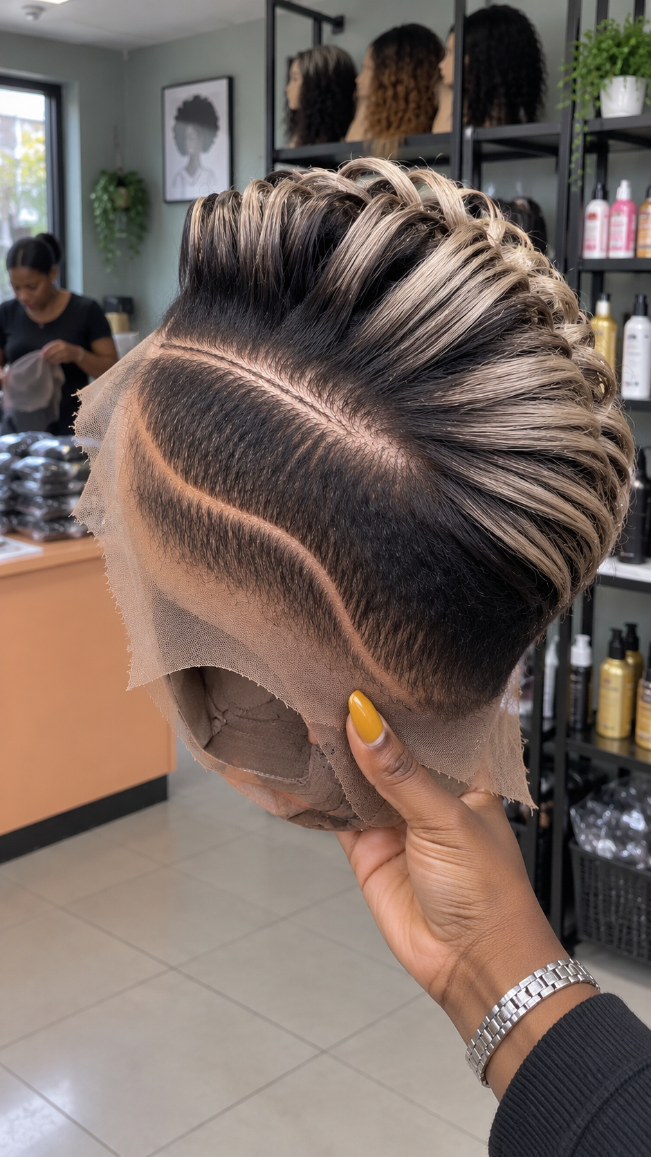 Black and Ash Blonde Pixie Wig With Swept Ringlets and Curved Side Parting #brh