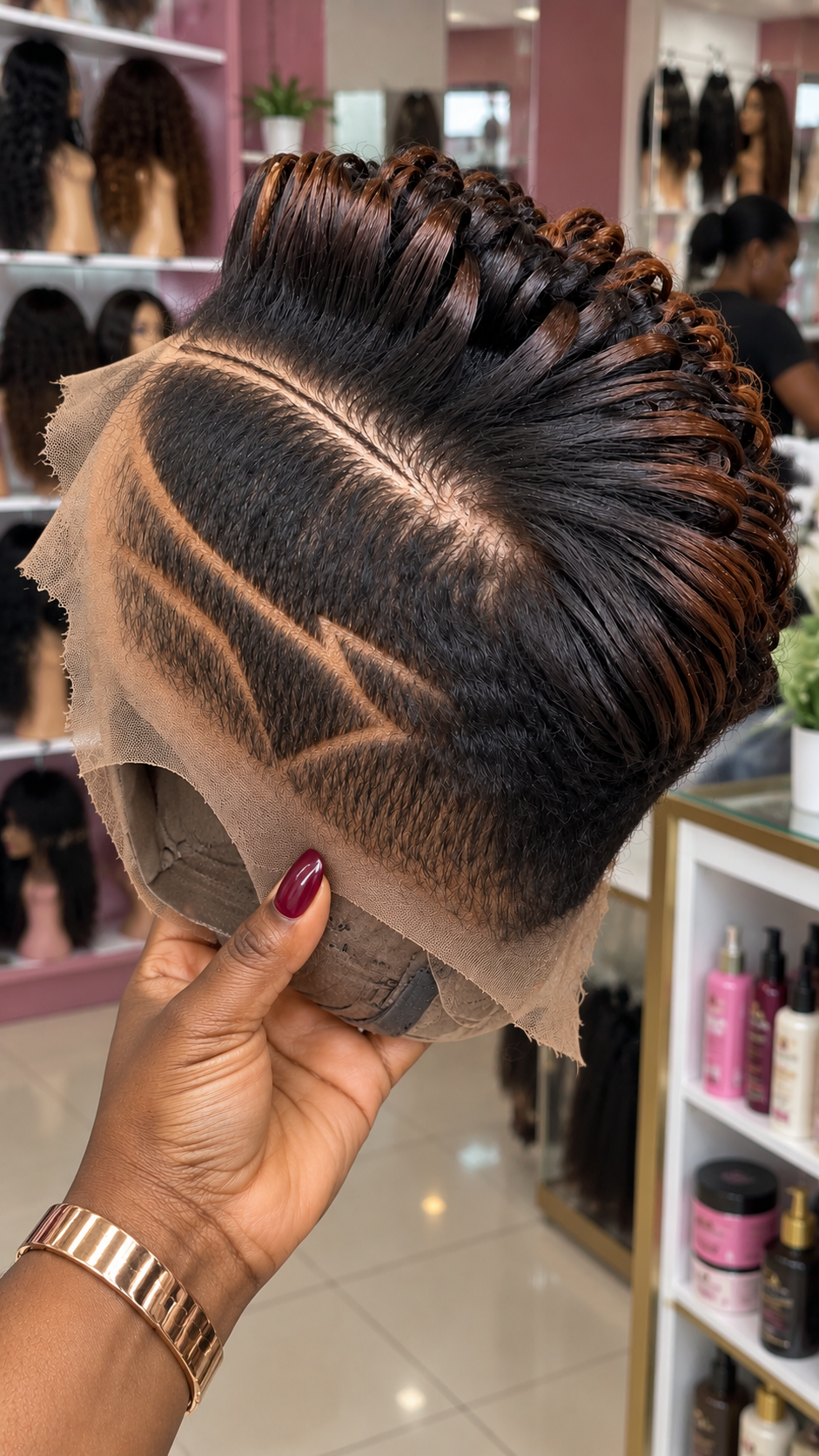 Chocolate Brown Sculpted Pixie Wig With Copper Highlights and a Geometric Side Design #afth Chocolate Brown Sculpted Pixie Wig With Copper Highlights and a Geometric Side Design #afth