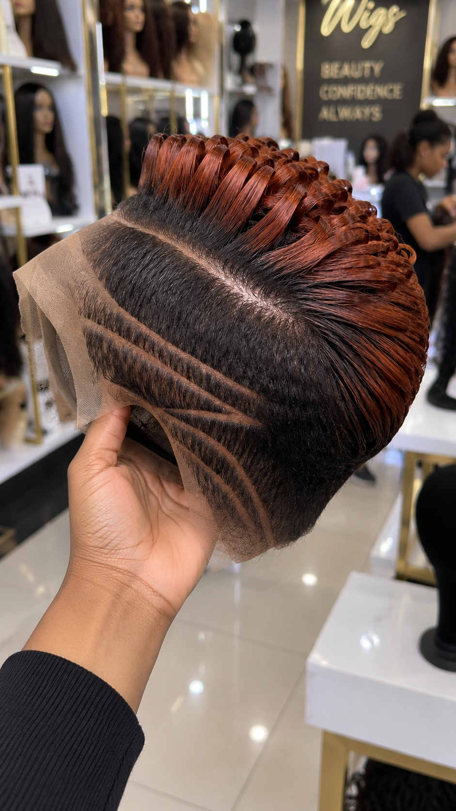Copper Loop Curl Pixie Wig With Dark Tapered Sides and Curved Lines #apdh Copper Loop Curl Pixie Wig With Dark Tapered Sides and Curved Lines #apdh