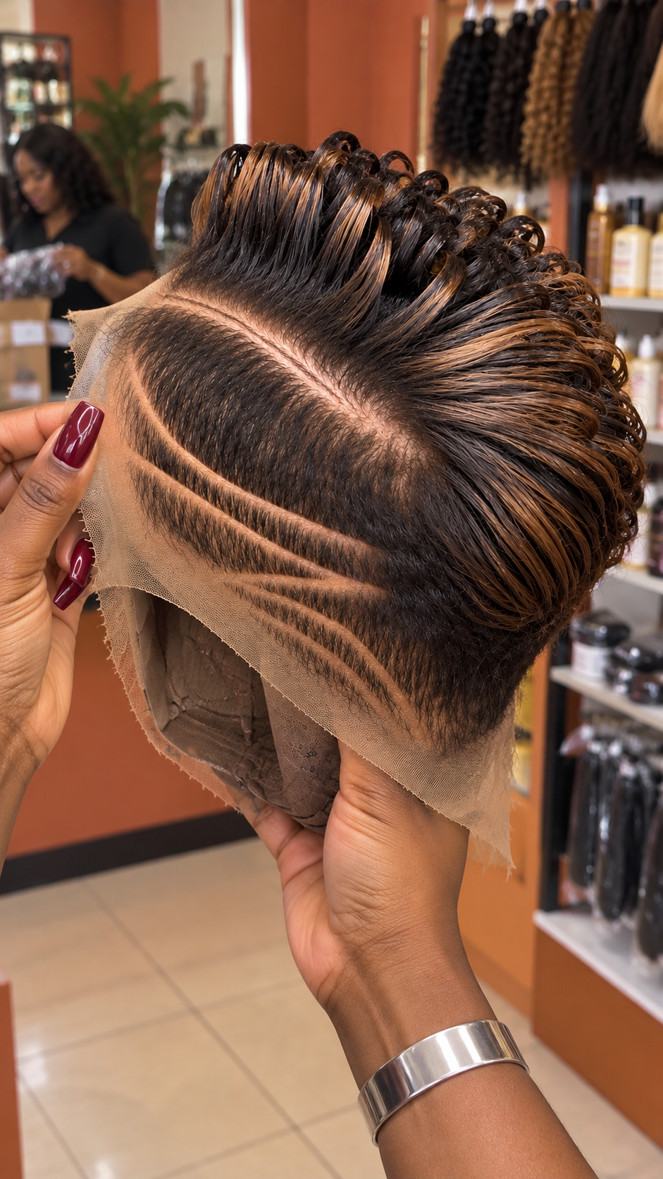 Espresso Black Ribbon Loop Pixie Wig With Honey Brown Streaks And Triple Curved Side Lines #ssh