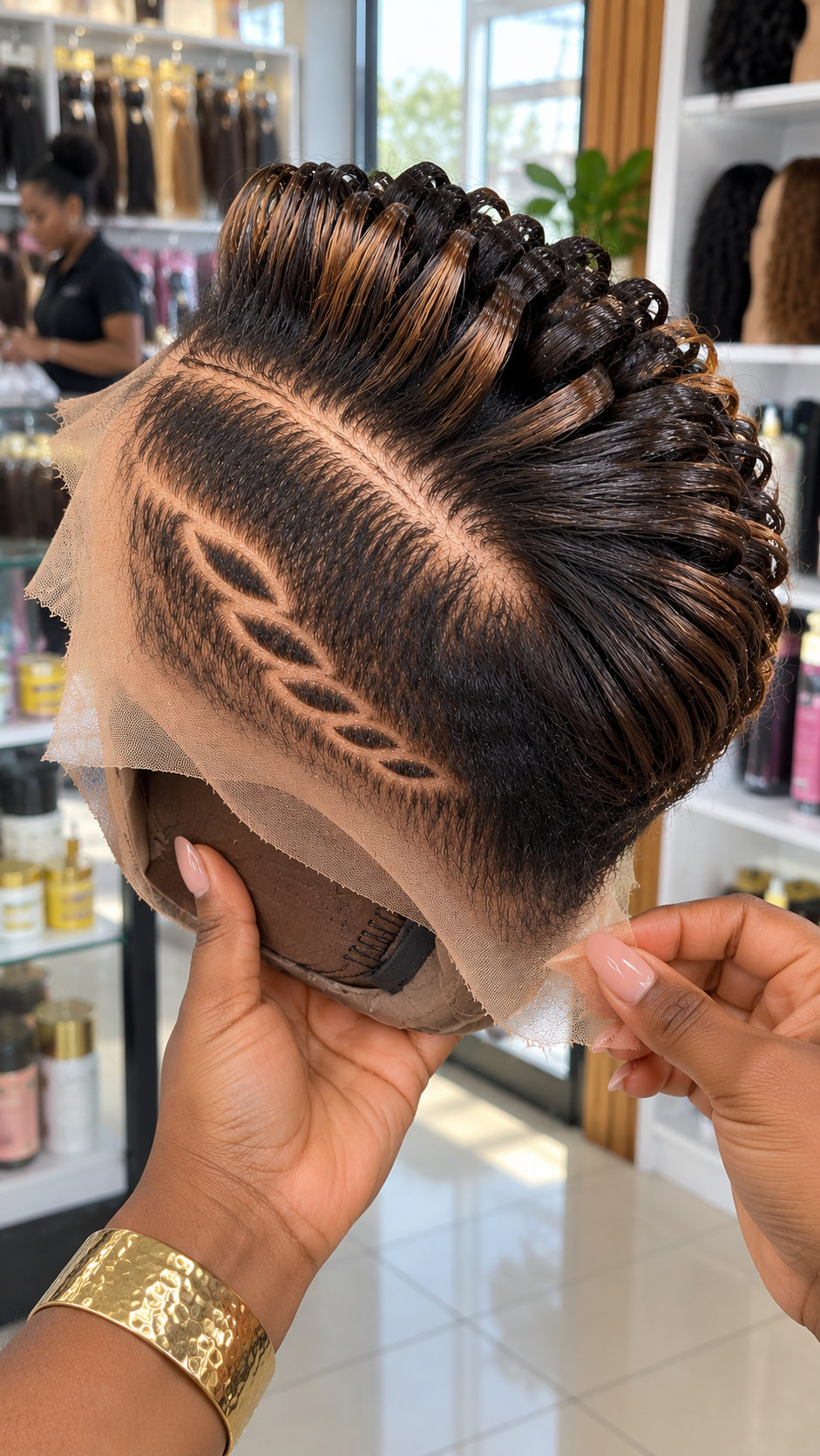 Espresso Brown Swept Loop Pixie Wig With Leaf Carved Side Design #apdh