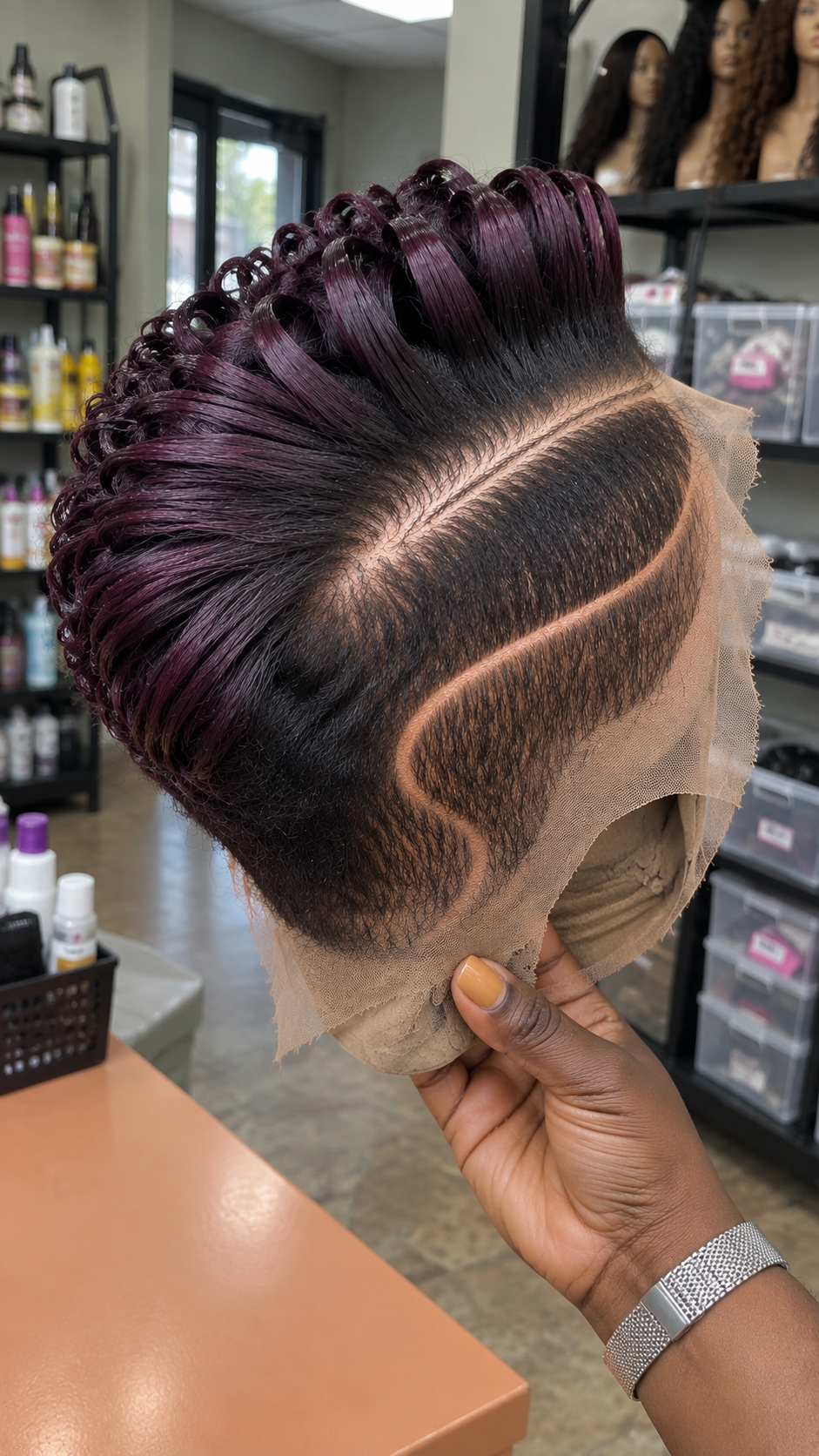 Plum Burgundy Loop Pixie Wig With Deep Side Part and Curved Side Line #apdh Plum Burgundy Loop Pixie Wig With Deep Side Part and Curved Side Line #apdh