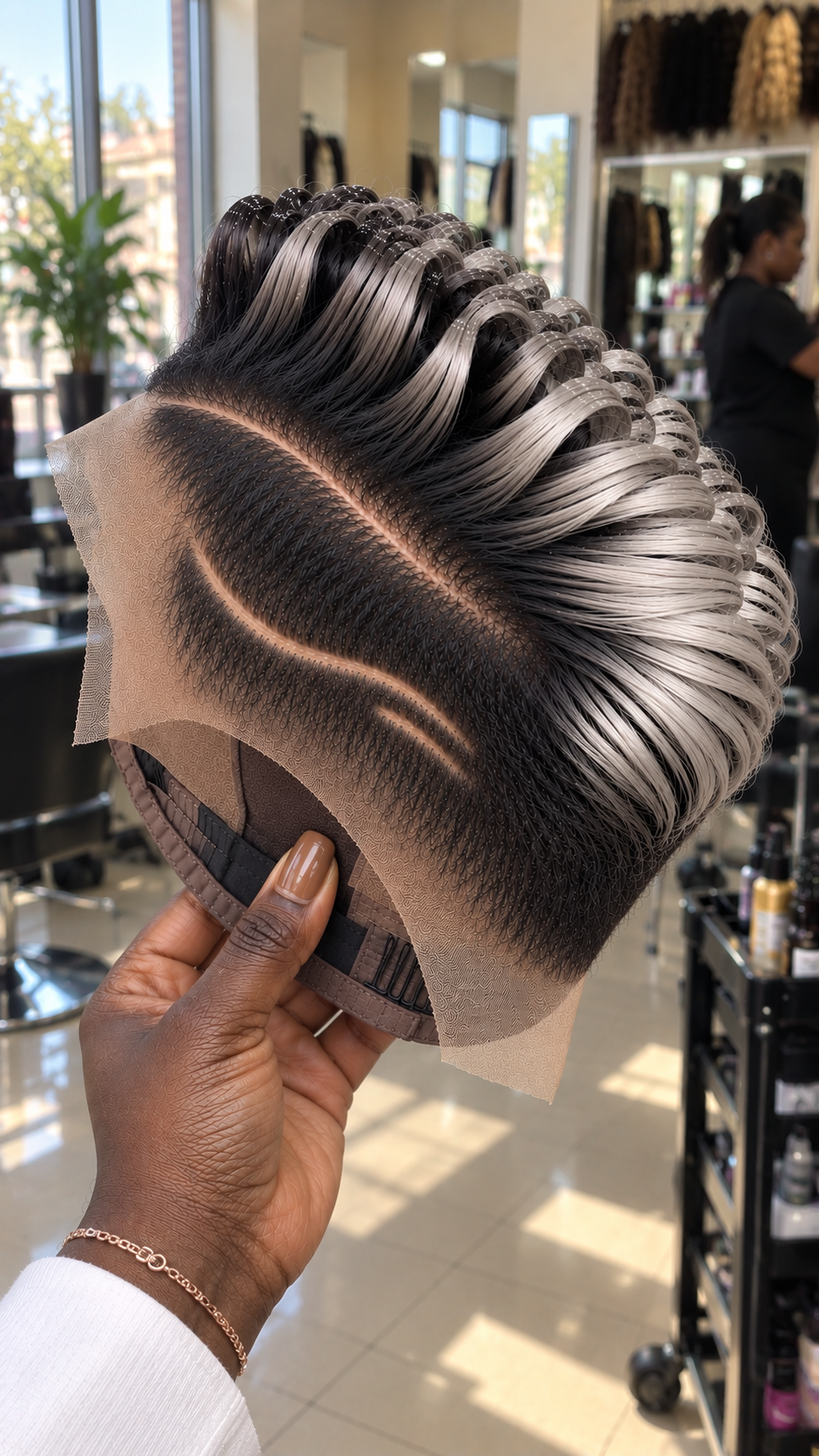 Black Root Pearl Silver Loop Pixie Wig With Double Curved Side Lines #hwbh Black Root Pearl Silver Loop Pixie Wig With Double Curved Side Lines #hwbh