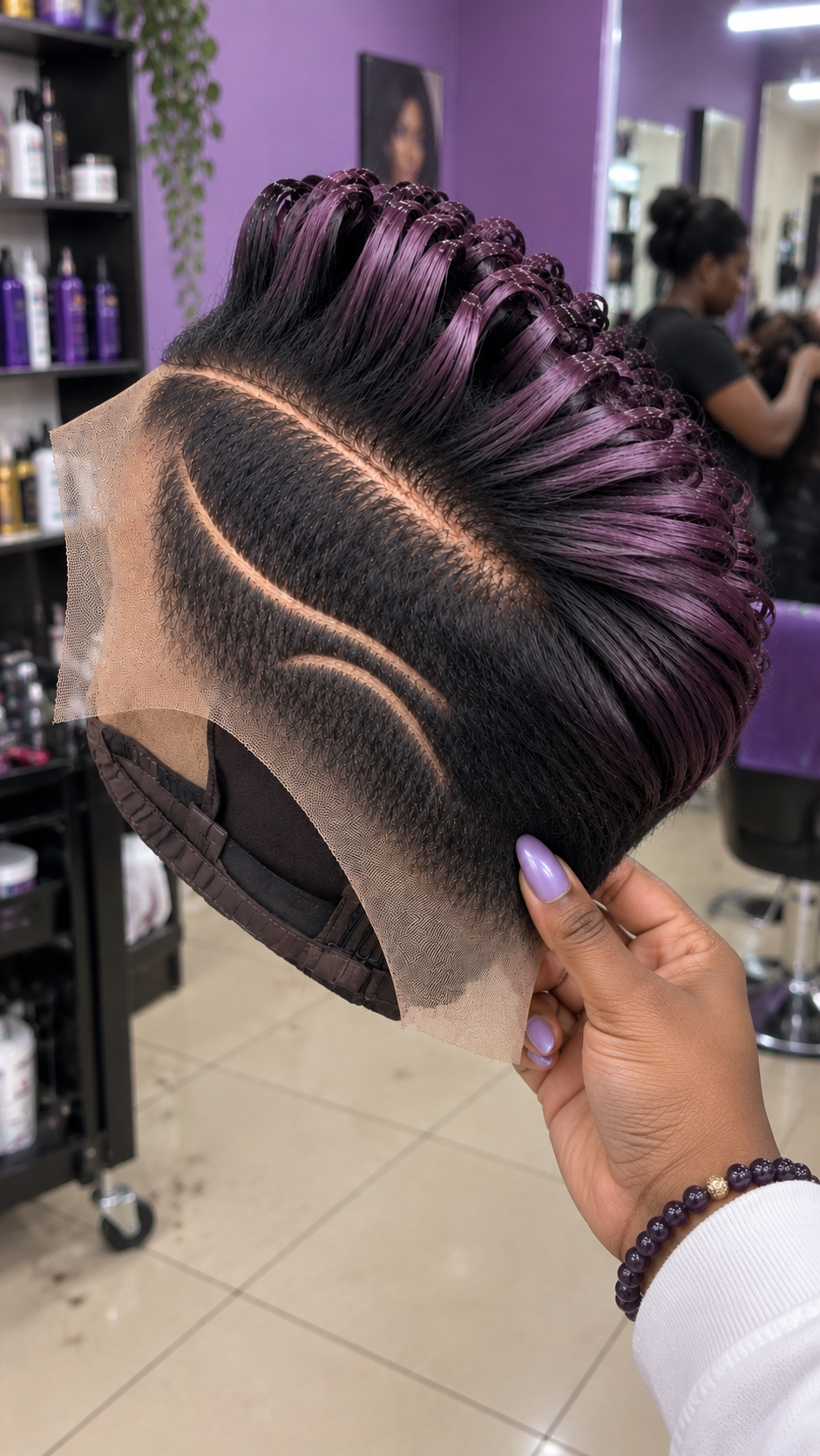 Plum Violet Loop Pixie Wig With Curved Side Design #afth Plum Violet Loop Pixie Wig With Curved Side Design #afth