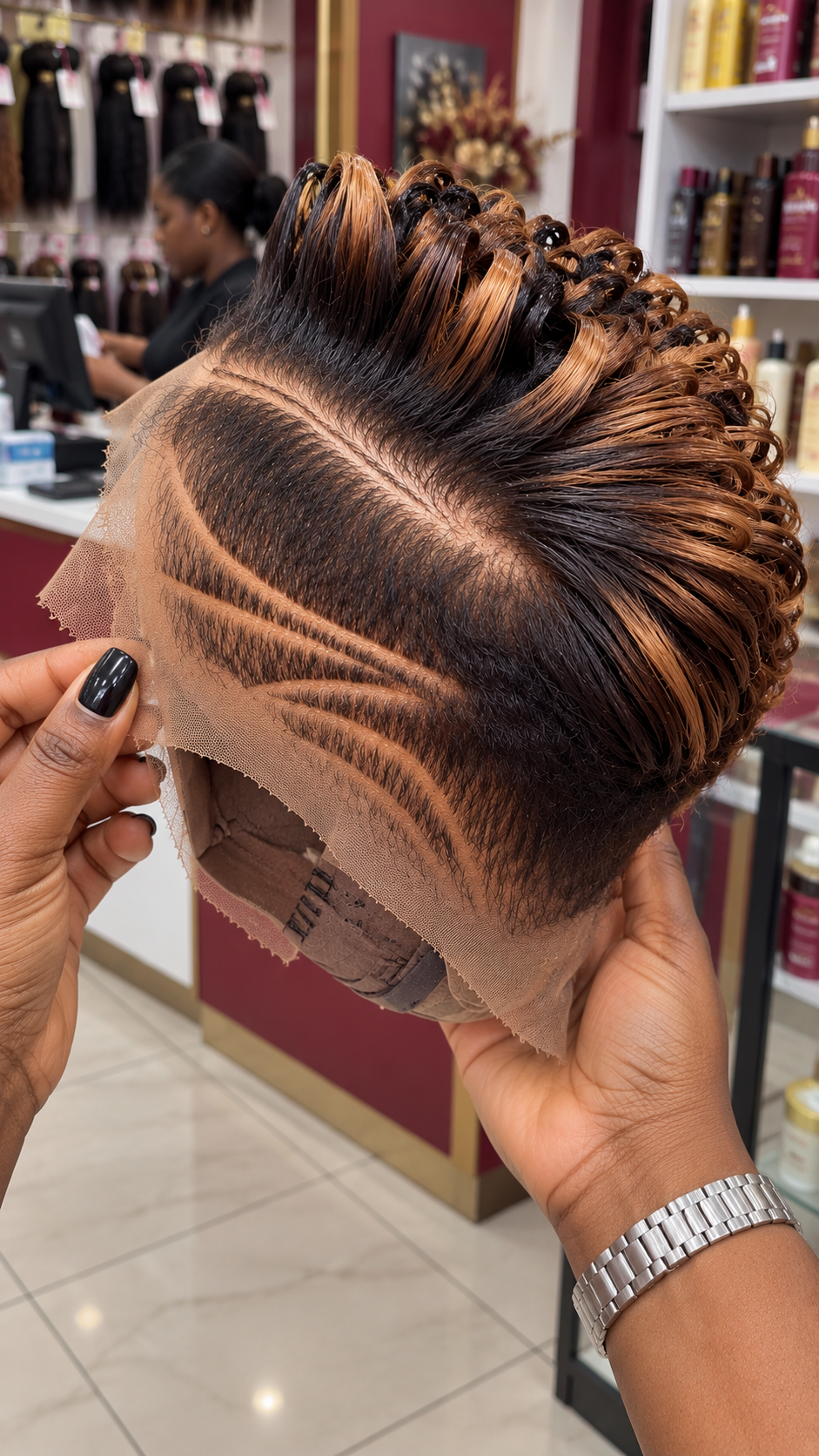 Caramel Highlight Sculpted Curl Pixie Wig With Triple Side Lines #brh